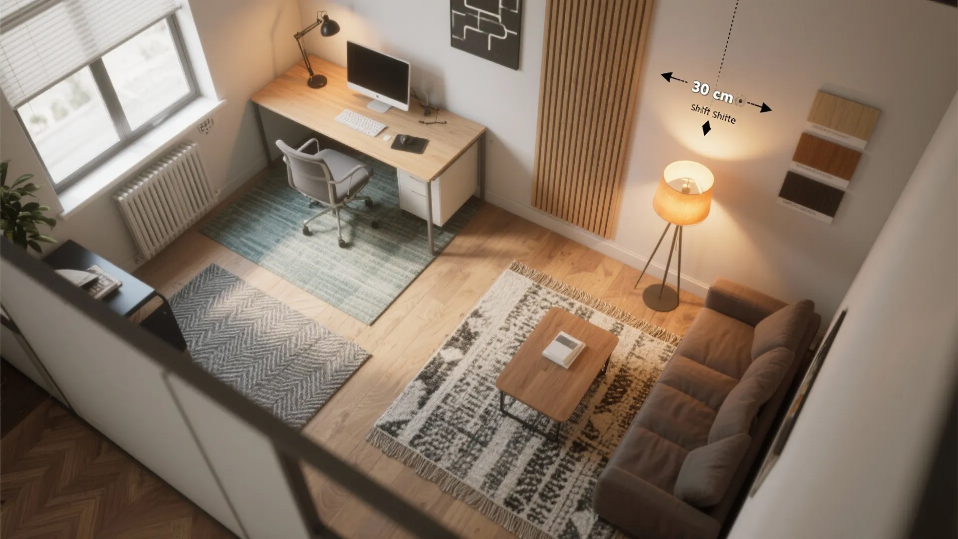 Top-down view of a tiny office showing rugs, task lamp, and an accent wall to demonstrate zoning and a desk shift.