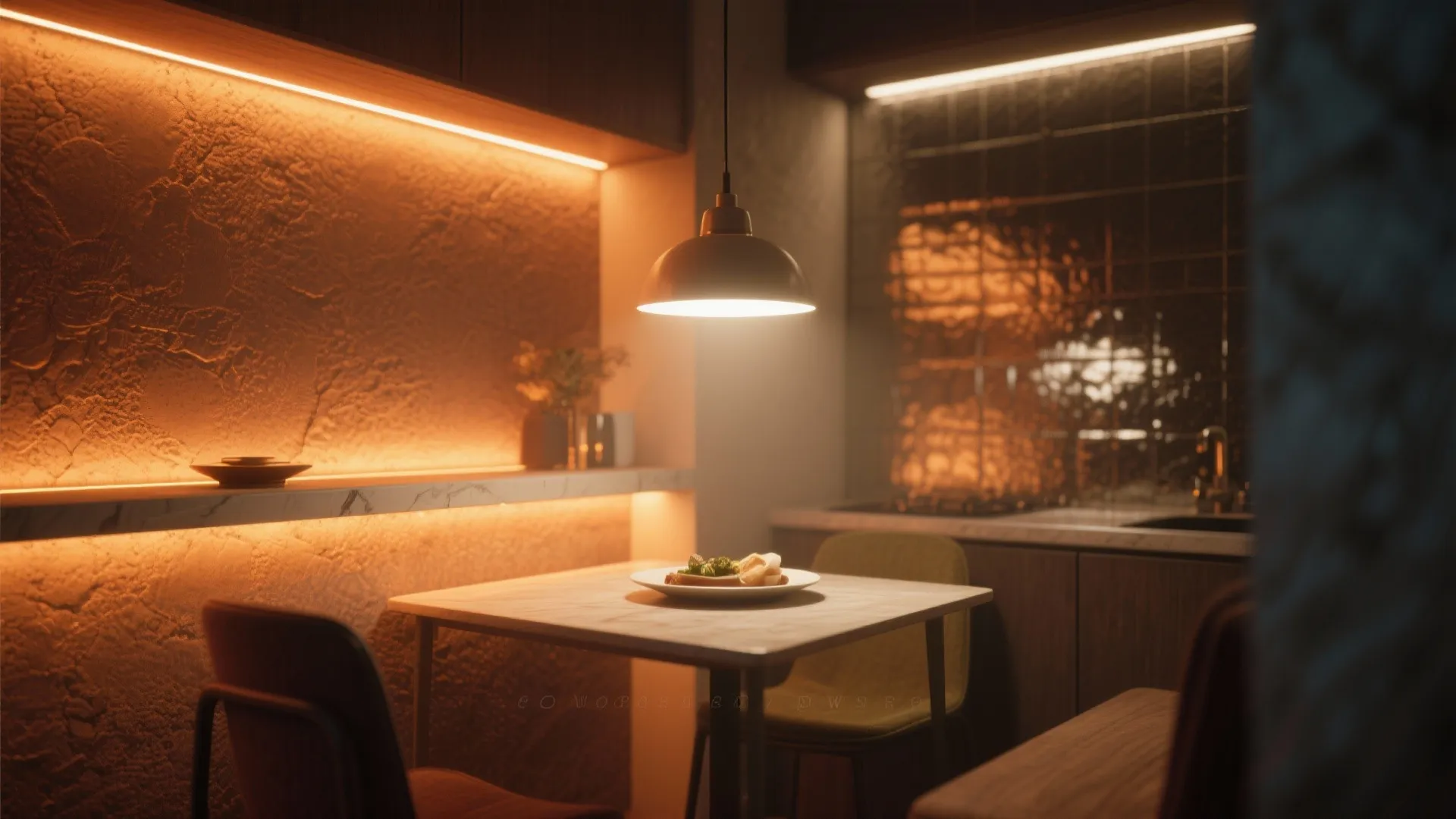 Dining space interior design drawing with table, food, ceiling light, and warm wall strip lighting