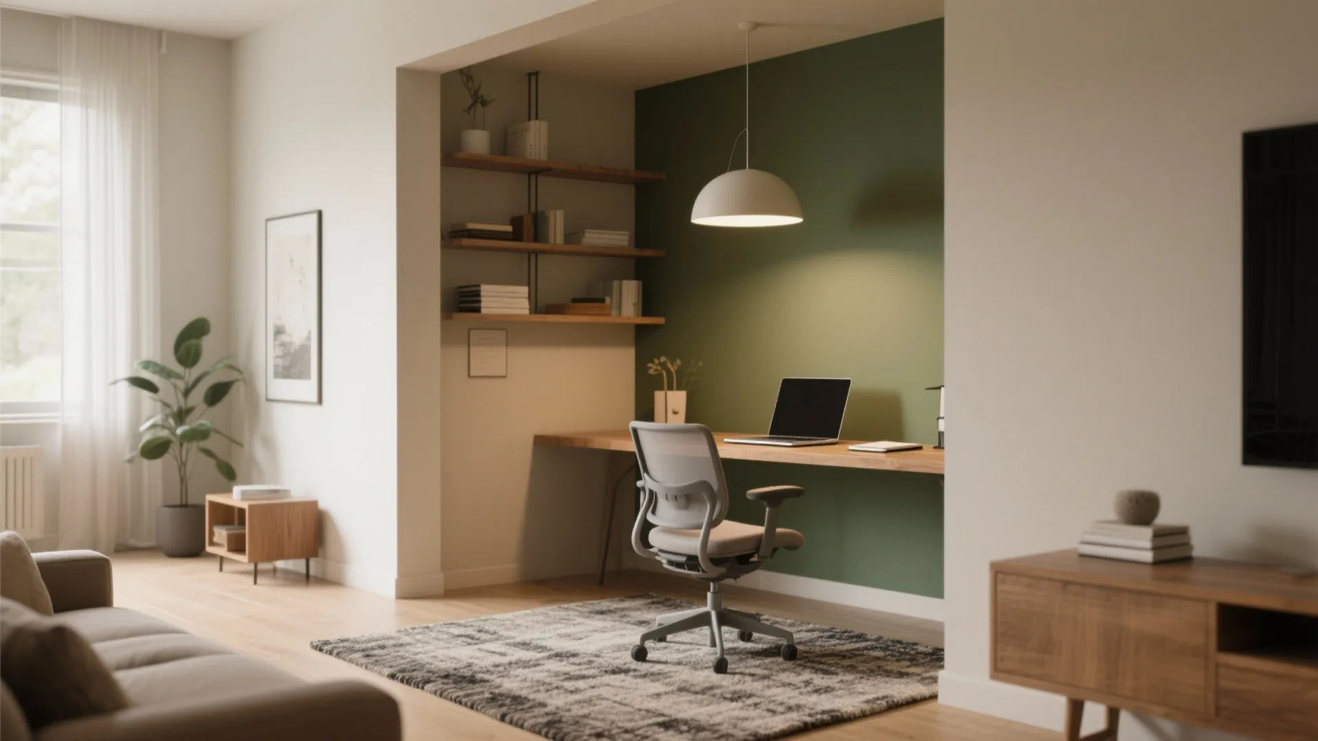 3. Zone with lighting, rugs and open shelving