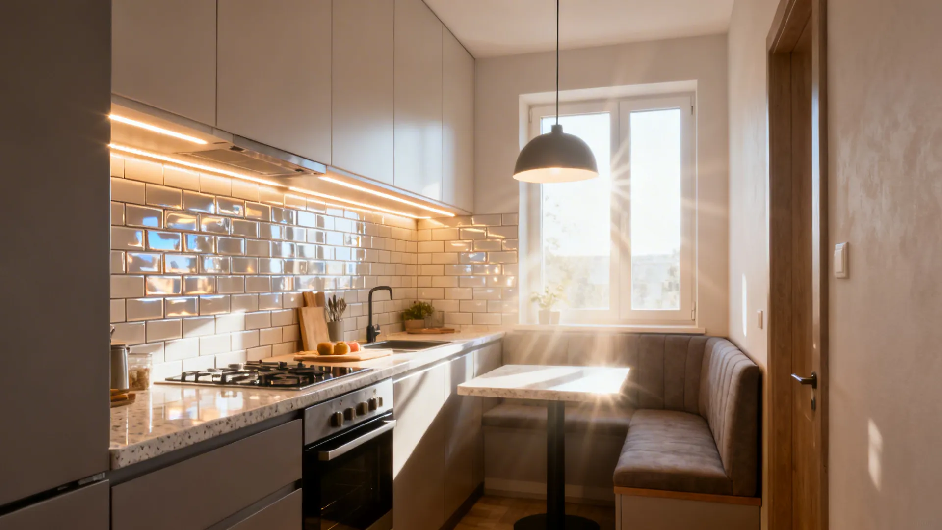 Under-cabinet LED lighting and glossy subway tile backsplash brightening a small L-shaped kitchen