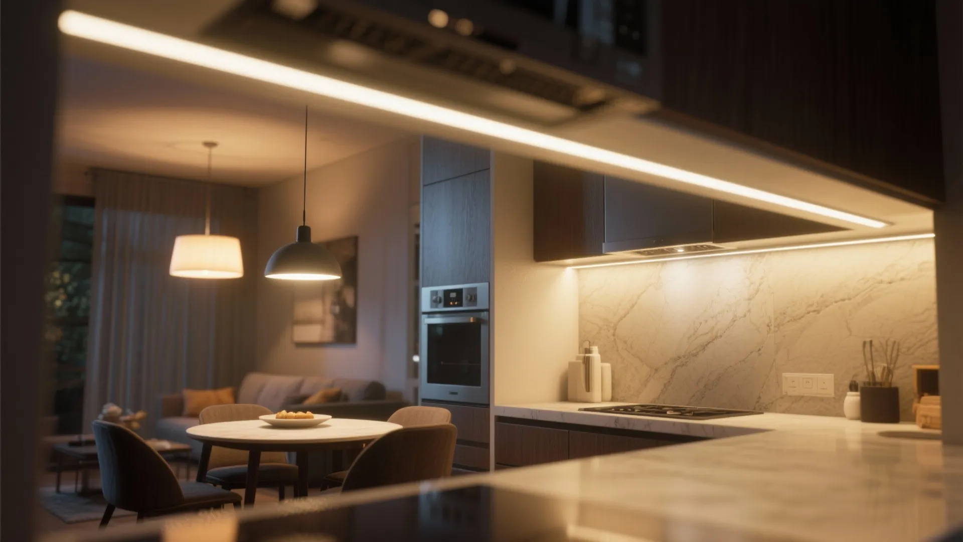 Kitchen counter with strip light over stove and dining table with black ceiling light fixtures