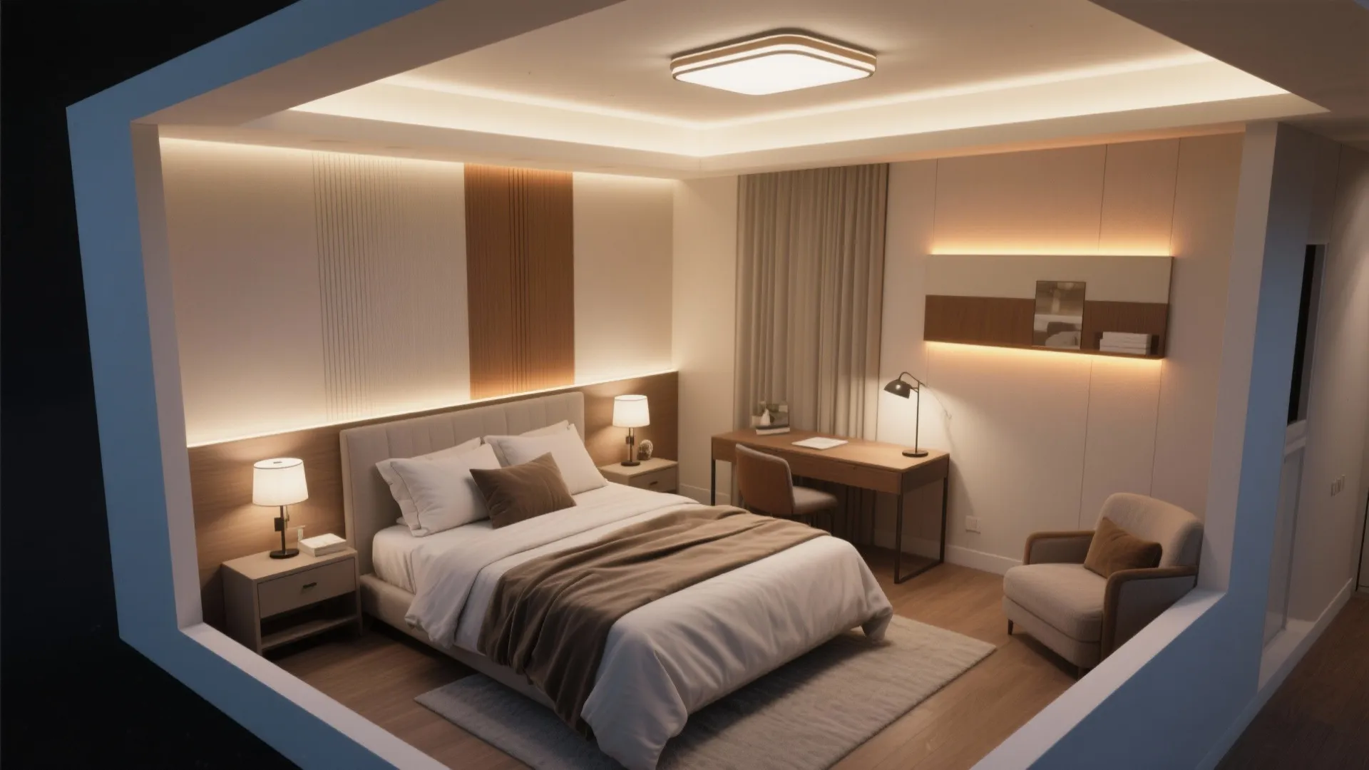 Modern bedroom with ceiling light warm wall lights wooden desk chair and comfortable grey bed