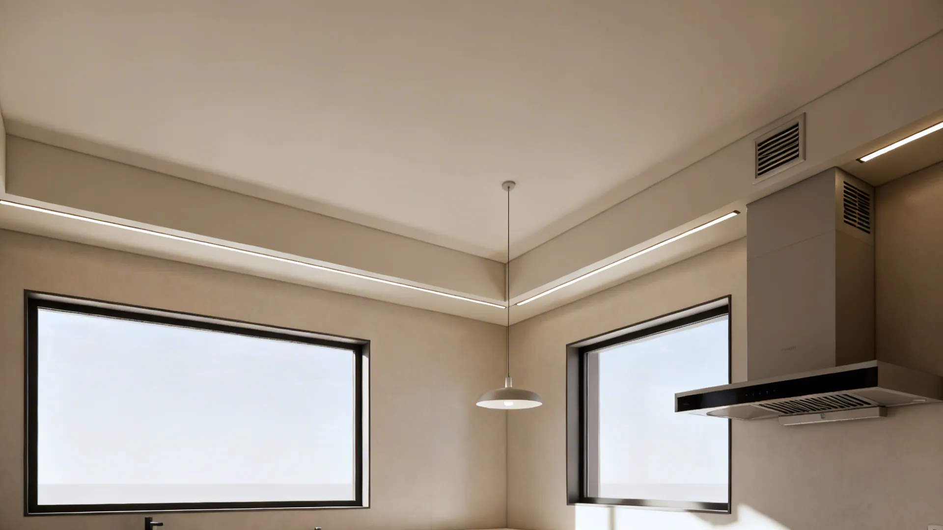 Top-down view showing layered kitchen lighting and ventilation planned around two windows.