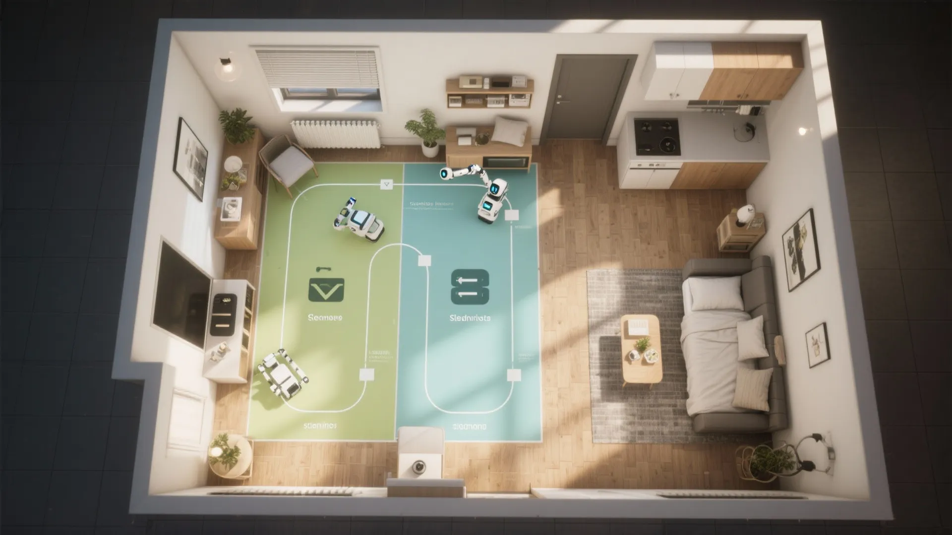 Top down view of a studio apartment layout with wooden floors and smart cleaning robots moving