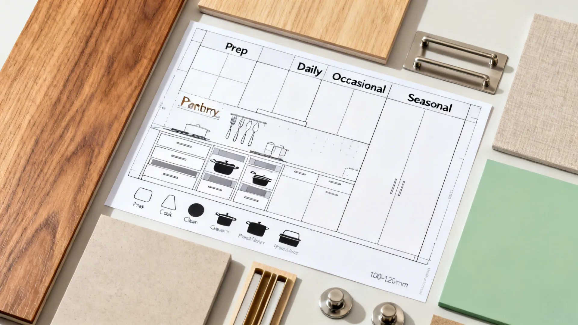 Flat lay of a 2D elevation labeled with kitchen and wardrobe zones alongside material and hardware samples.
