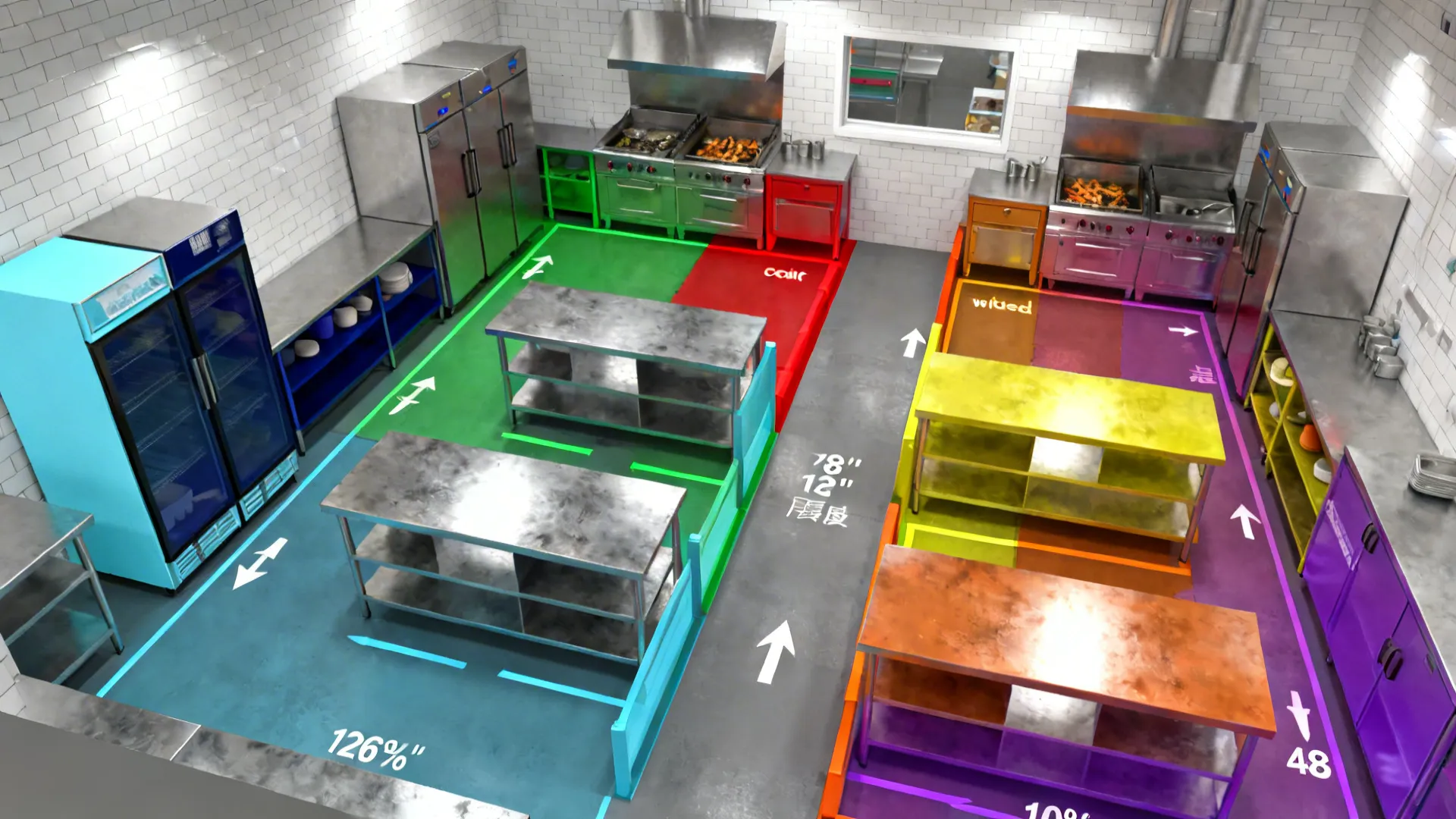 Top-down plan of a compact kitchen showing color-coded workflow zones and paths.