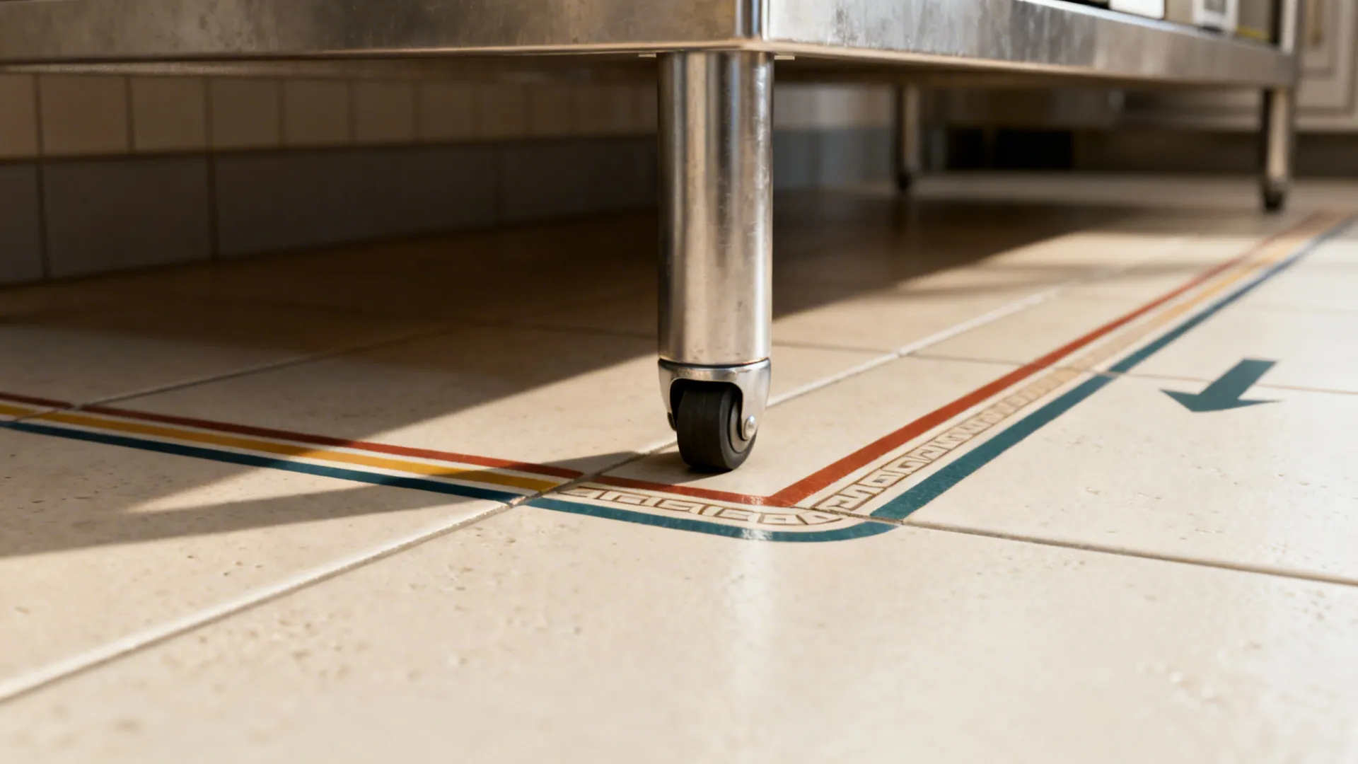 Macro of a zone boundary with colored floor inlay and a stainless table leg in soft light.