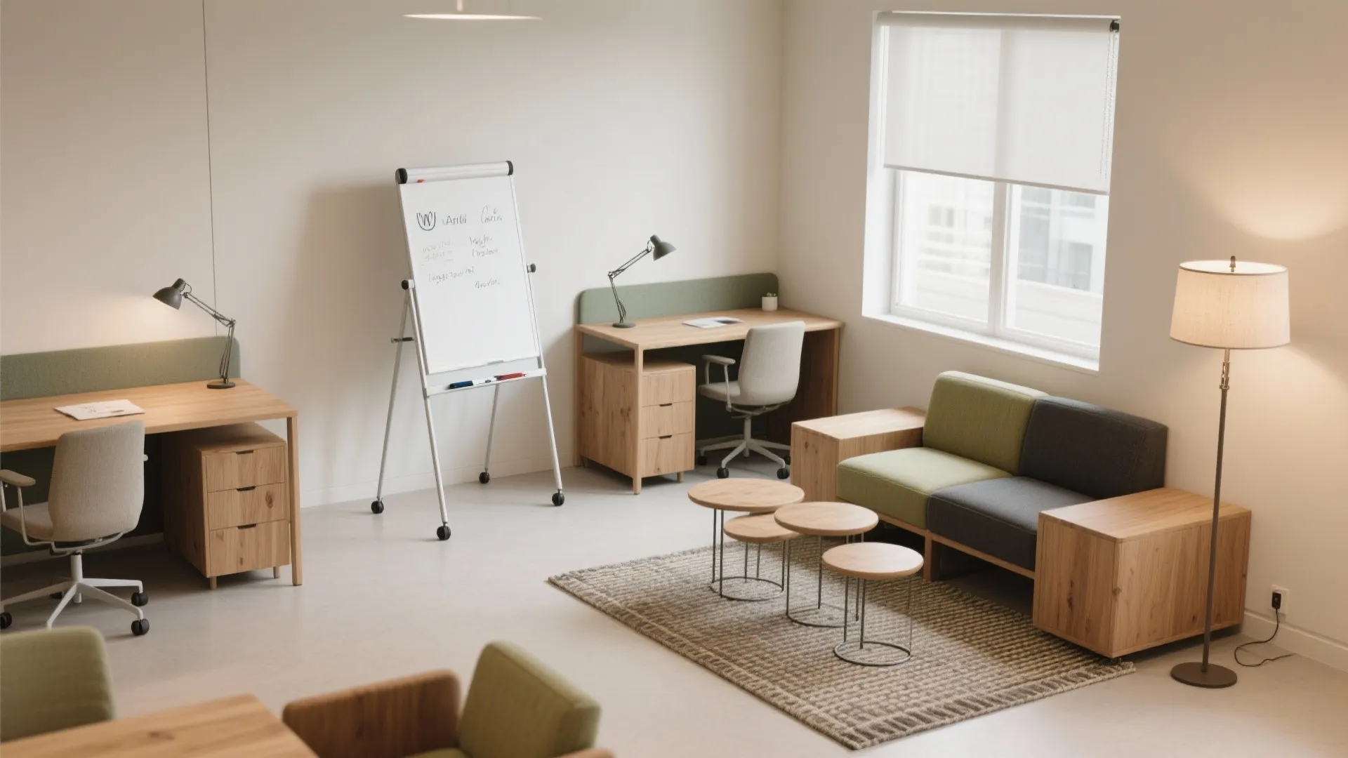 Modern office interior with wooden desks grey chairs white board and green sofa in light