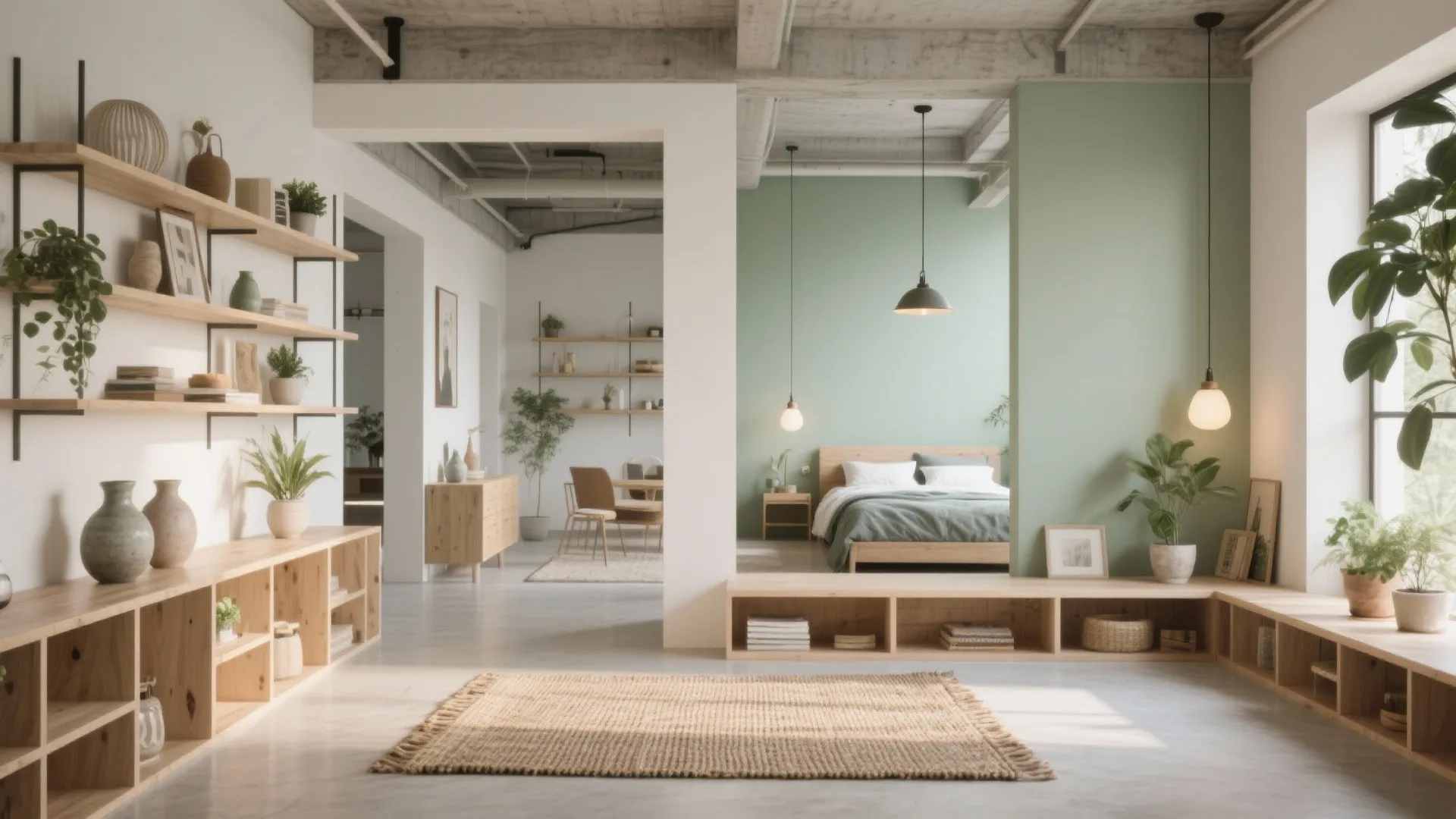 4. Zone with open shelving and rugs