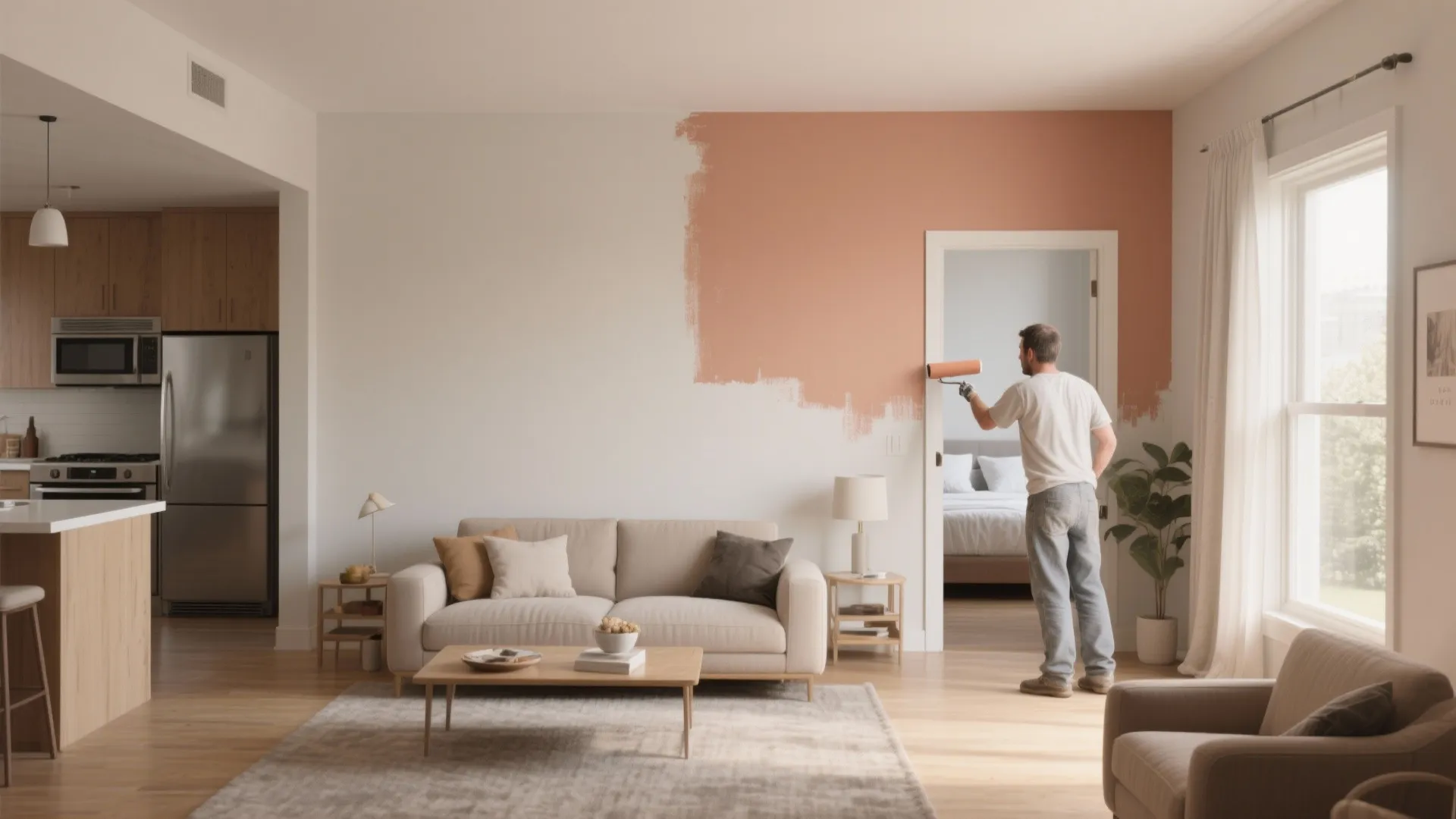 Living area showing an accent wall being painted, demonstrating zone-based repainting between living room and kitchen.