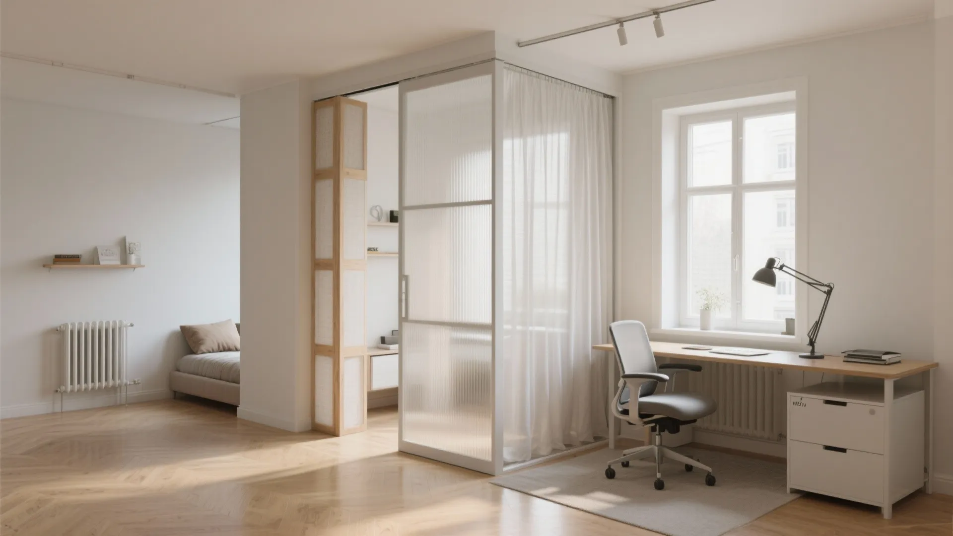 Small room showing a sliding panel and folding screen creating separate work and guest zones with warm natural light.