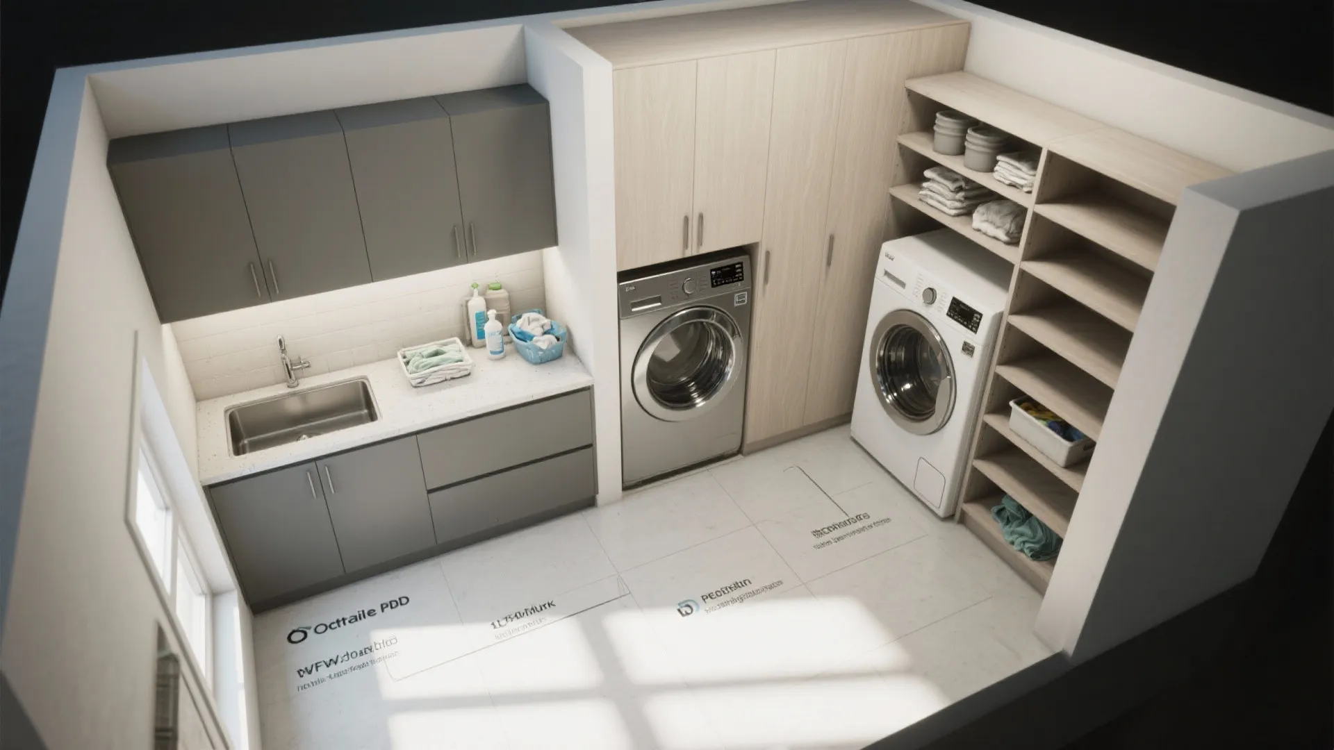 Interior design drawing of a laundry room featuring grey cabinets a sink and washing machines