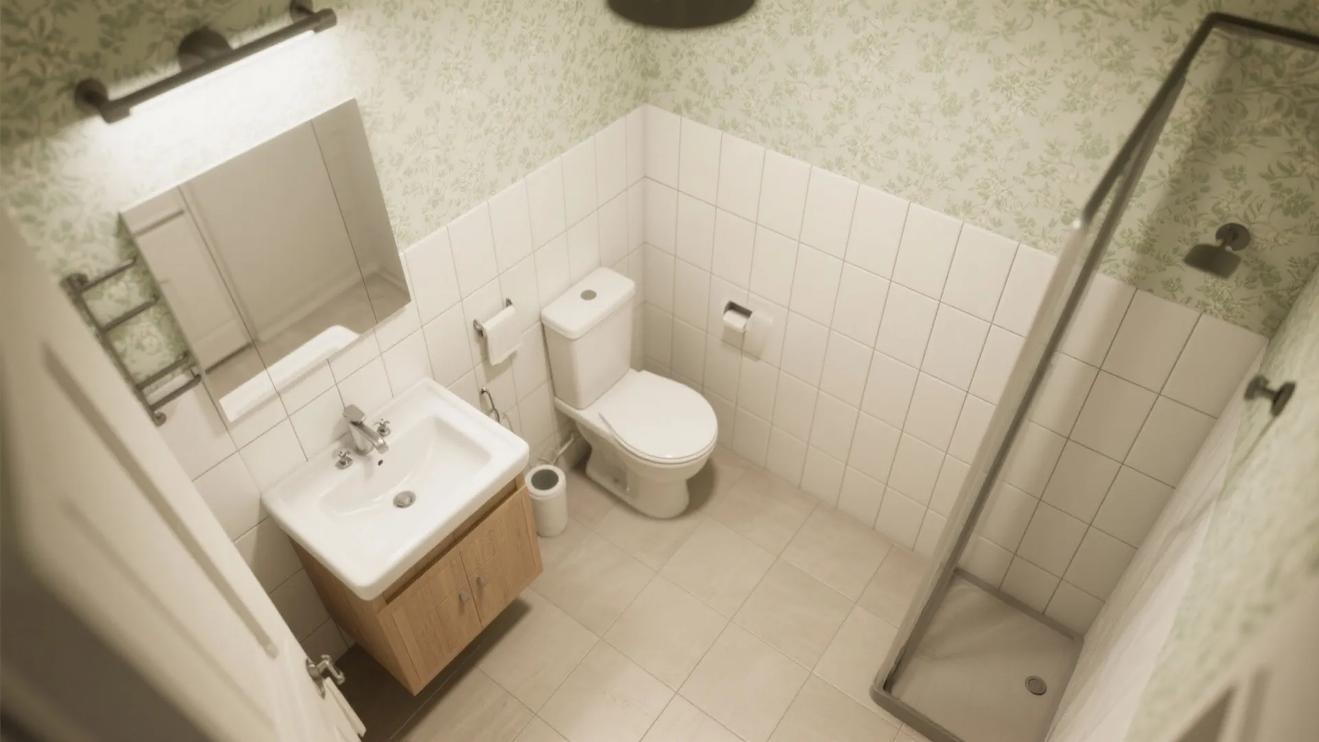 Top-down view of a small bathroom with peel-and-stick panels at splash zones and wallpaper elsewhere.