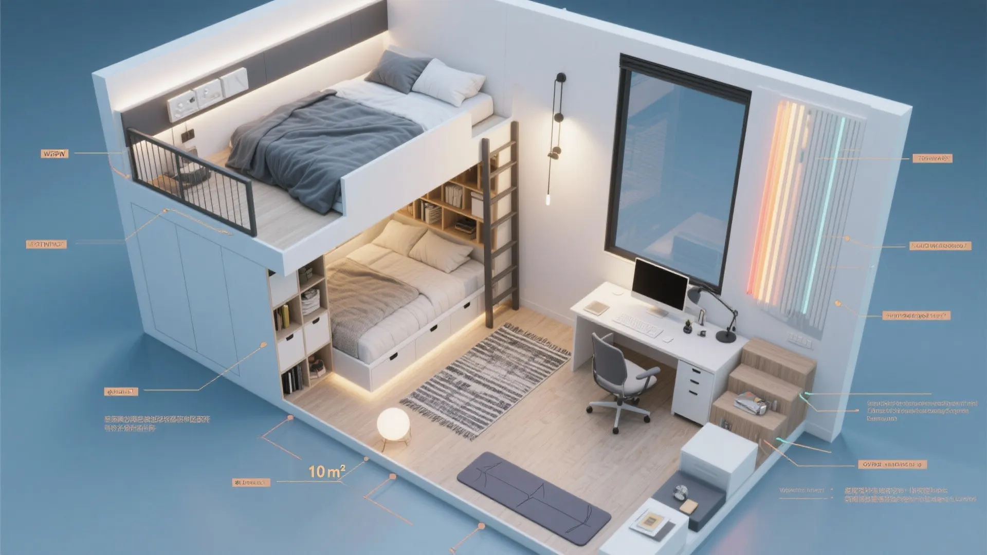 Interior design drawing showing a small studio layout with bunk beds and a white work desk