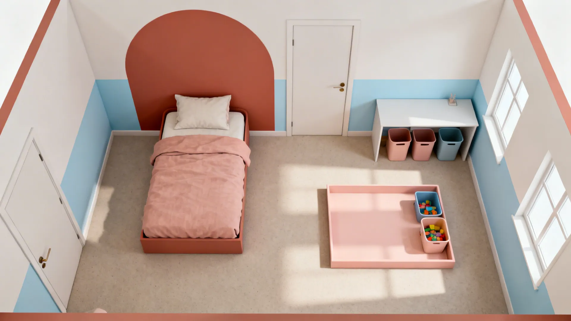 Top-down graphic plan showing terracotta, blush, and blue color blocks aligning with room zones.