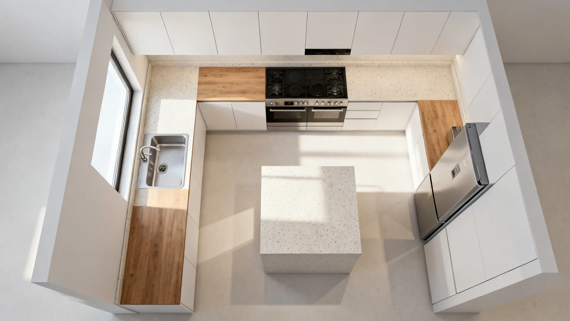 Top-down layout illustrating sink, cooktop, and fridge zones with island landing space.