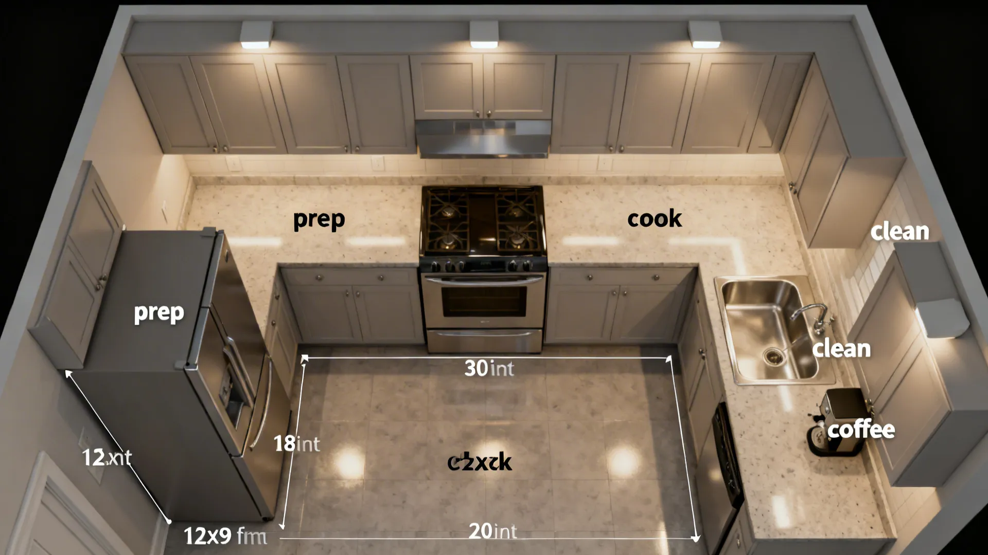Top-down 12×9 ft kitchen plan with compact appliances and defined prep, cook, clean, coffee zones.