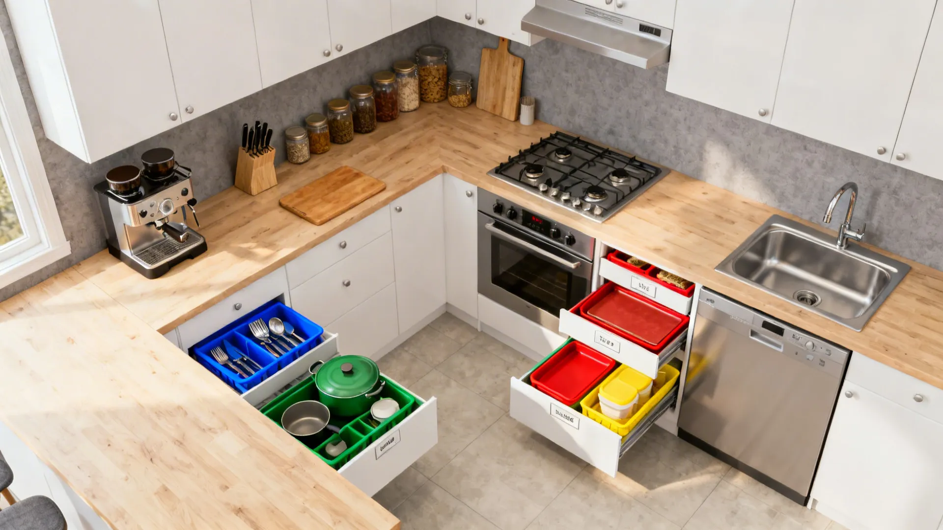 Top-down view of kitchen zones with organized drawers and inserts indicated visually.