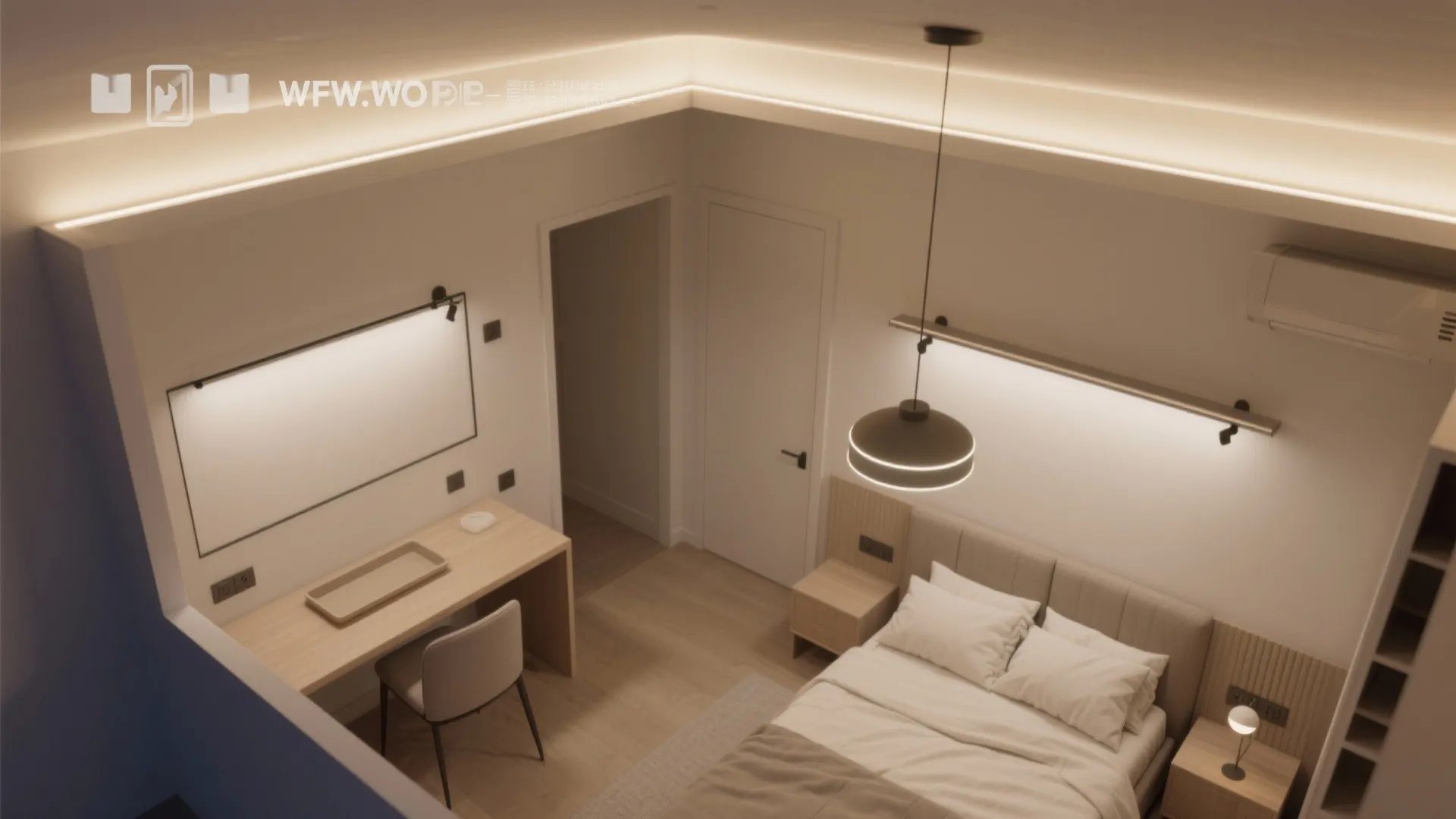 Small modern bedroom featuring white bed wooden desk chair hanging light fixture and warm lighting