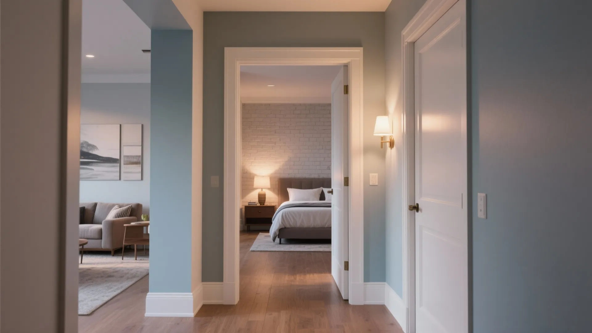 View through blue hallway towards a bedroom with brick wall bed and warm wall light