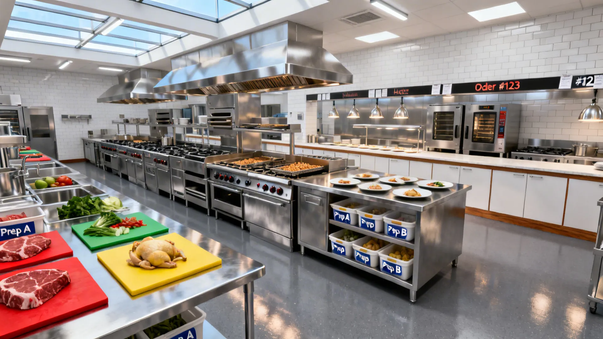 Production line kitchen layout from prep to hot line to finishing pass in a hotel kitchen