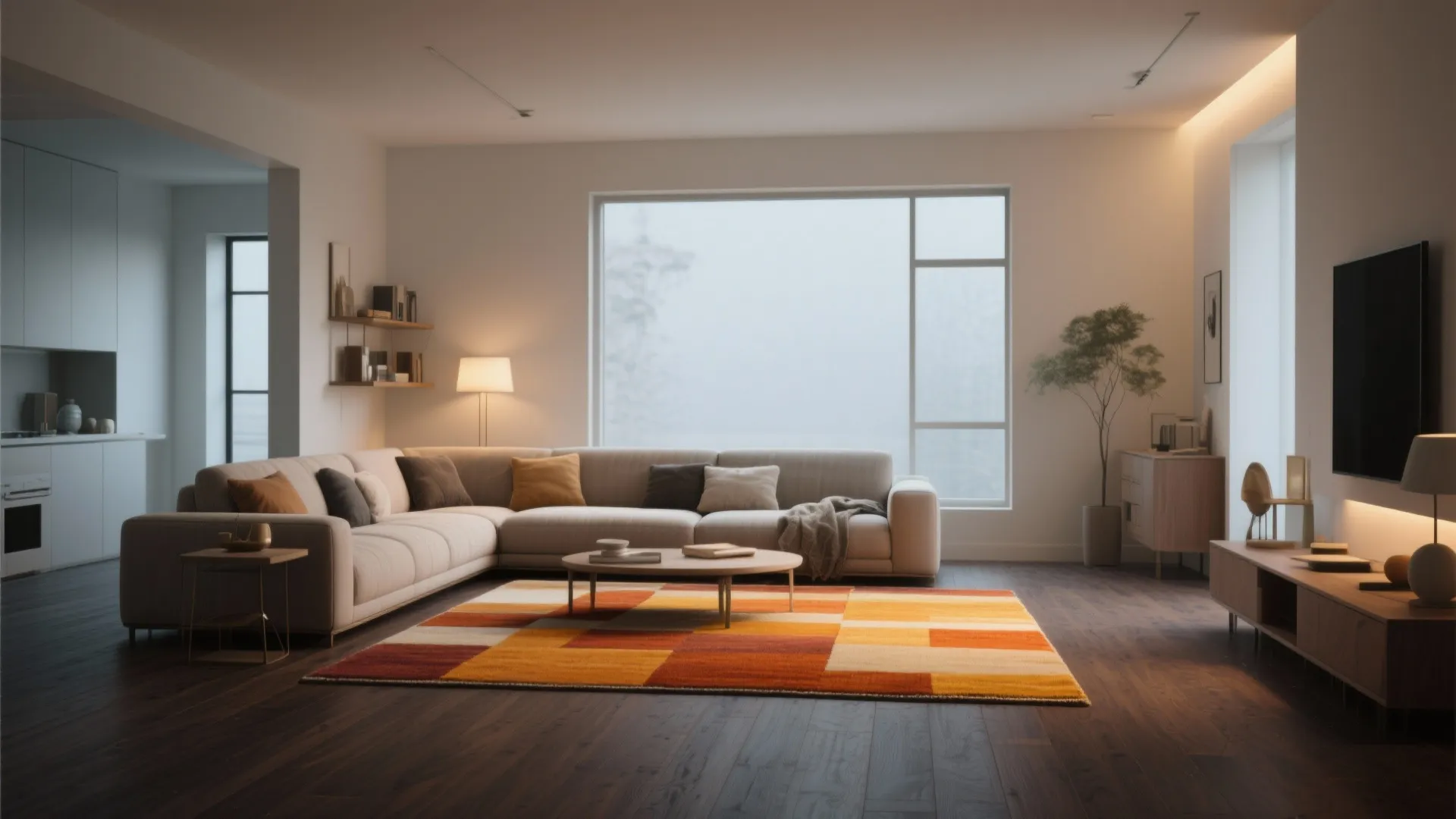 Modern living room with beige sofa large orange area rug coffee table and dark wooden floors