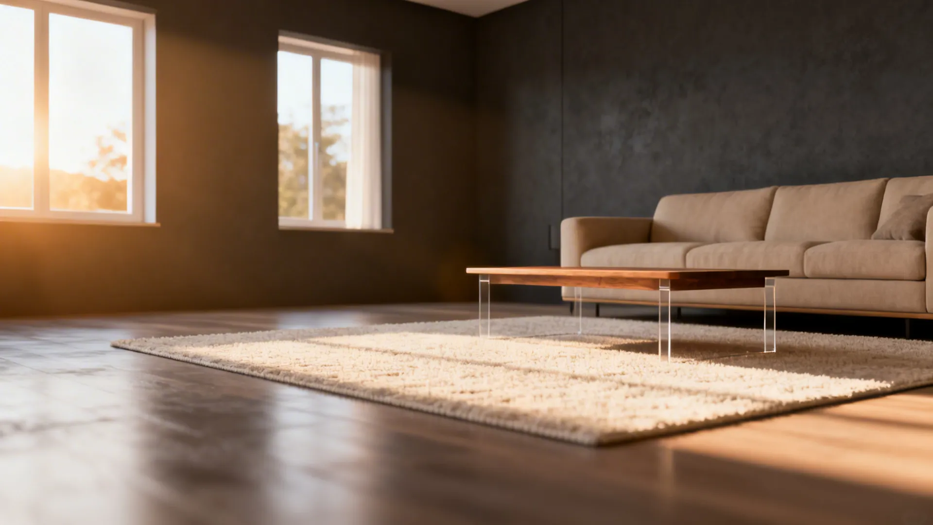 Seating area defined by a light textured rug against dark gray walls in a small living room.