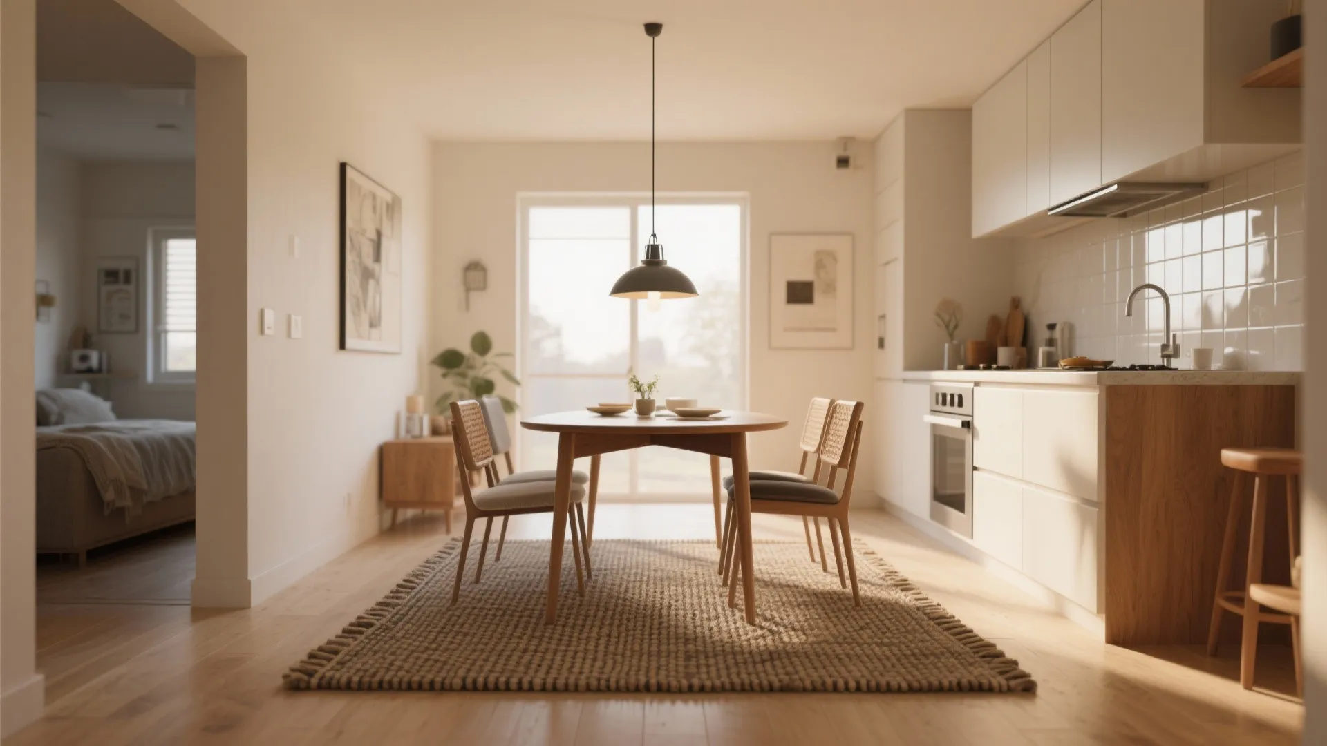 3. Define the zone with rugs, lighting and matching adjacent kitchens