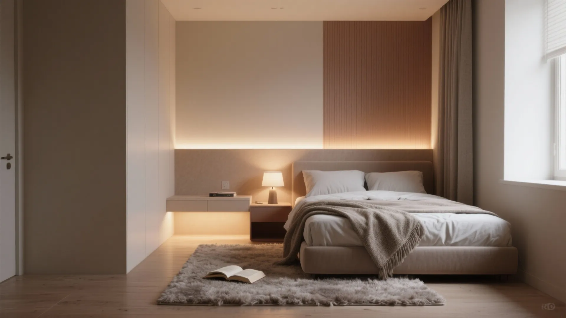 Modern cozy bedroom with warm light wall panel rug and small table beside the bed