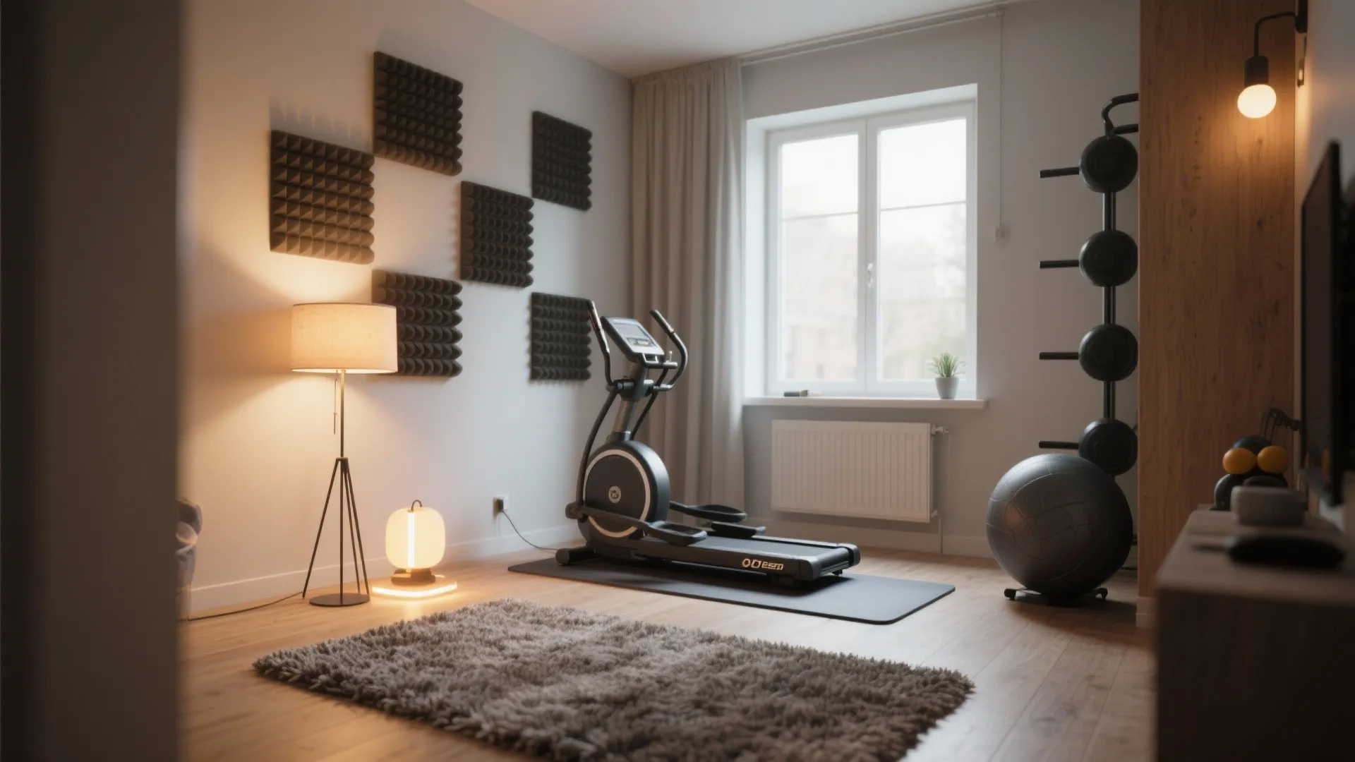 Home gym with exercise machine black yoga ball grey rug floor lamp and large window