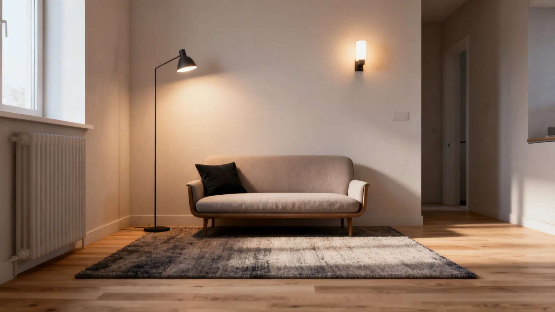 Small living area defined by a low-pile rug and layered lighting with a slim floor lamp