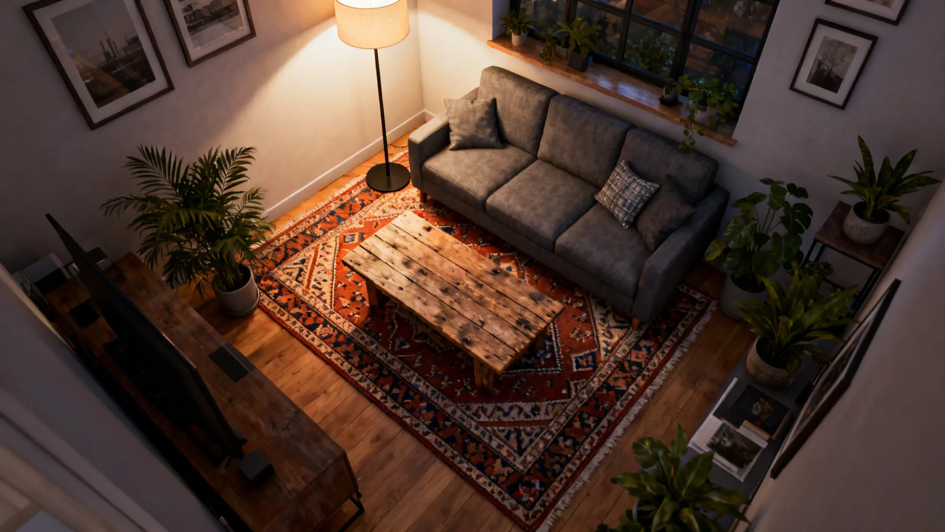 Studio layout with warm-patterned rug and floor lamp defining seating around a grey loveseat