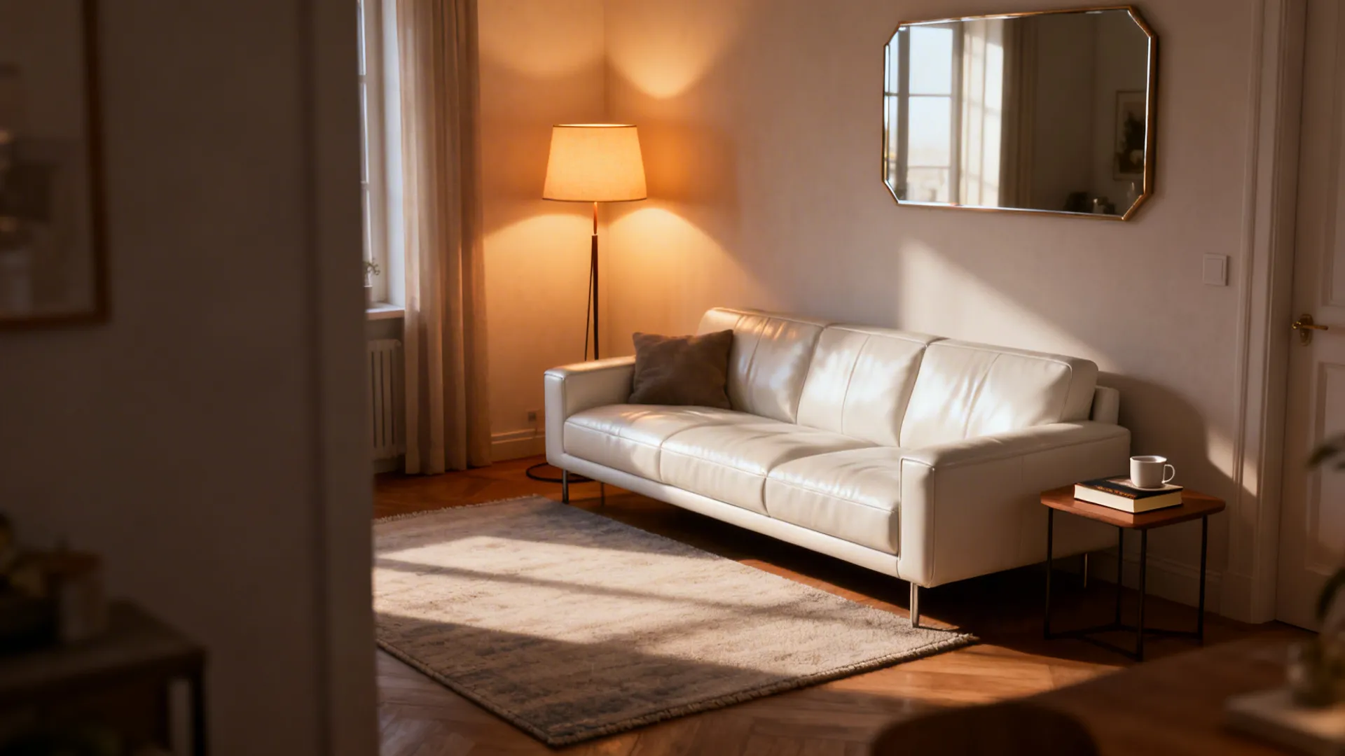 Small living room with a white leather sofa defined by a rug and warm layered lighting.