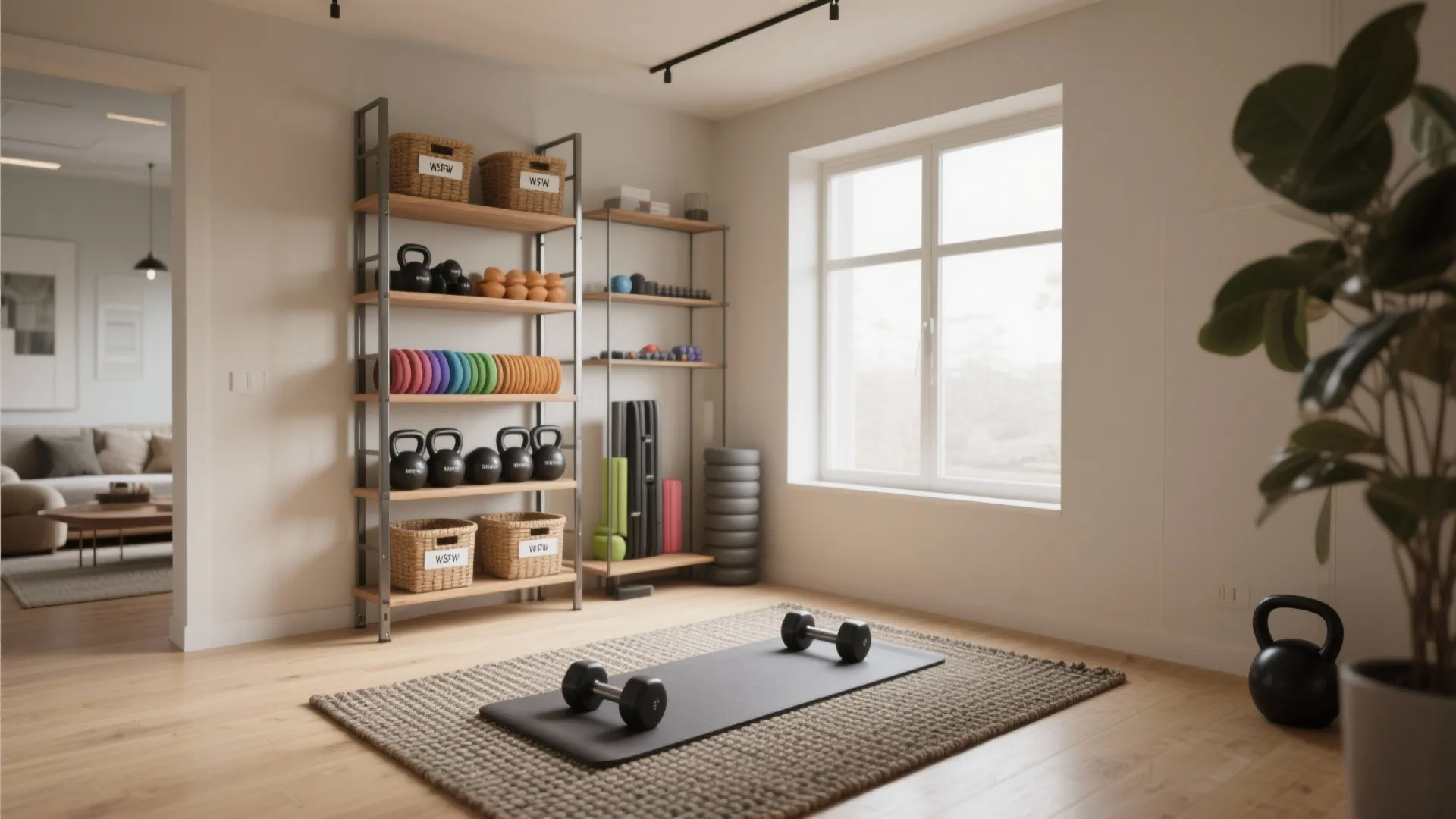 3. Defined zones with rugs and vertical storage