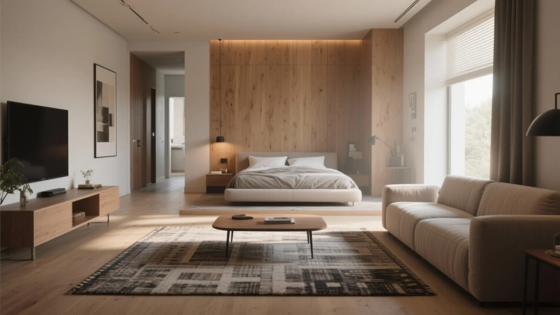 Modern bedroom with wood wall panel, bed, white sofa, patterned rug, and large bright window