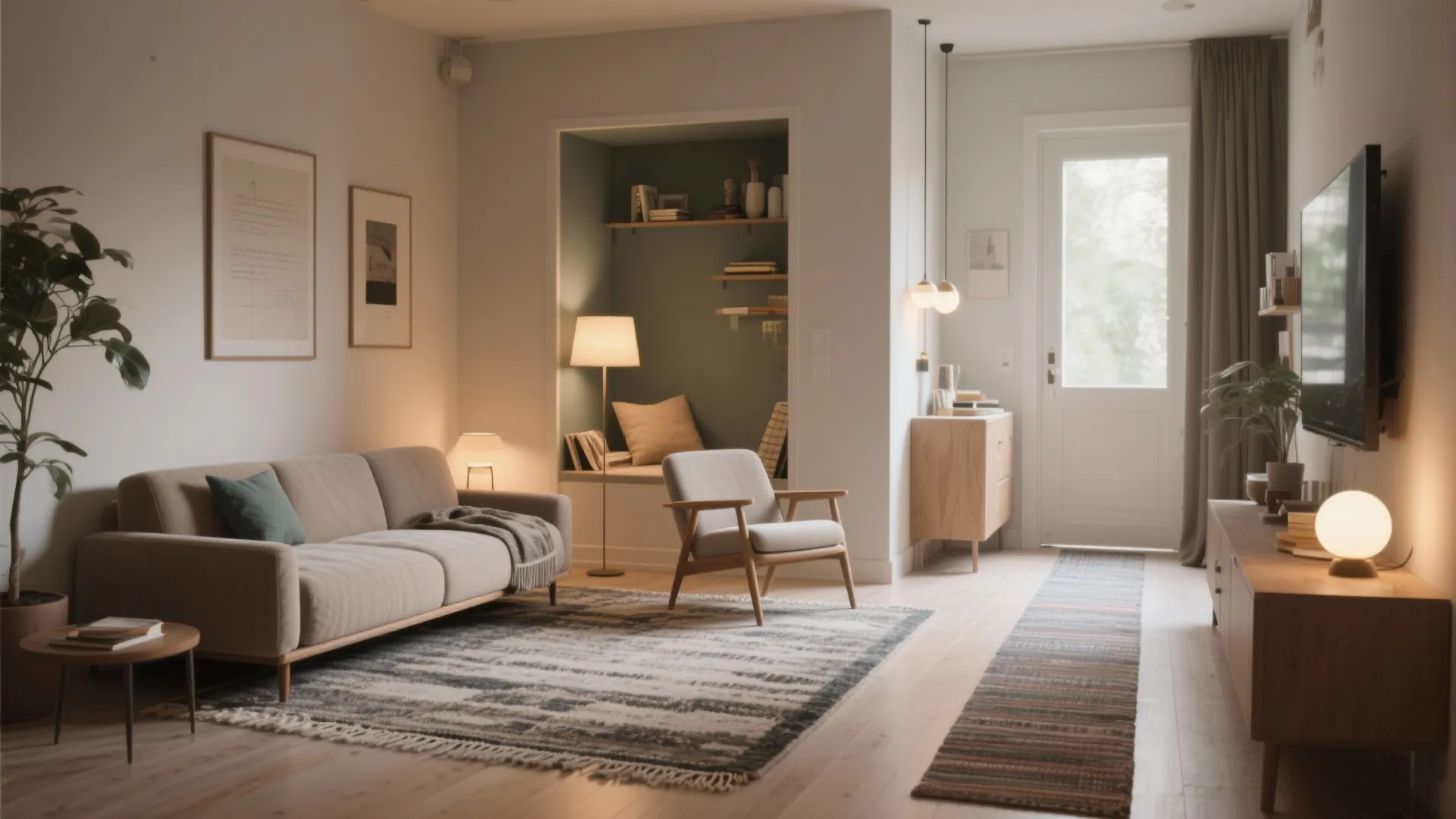 Warm living room interior featuring a grey sofa and patterned area rug on wooden floors