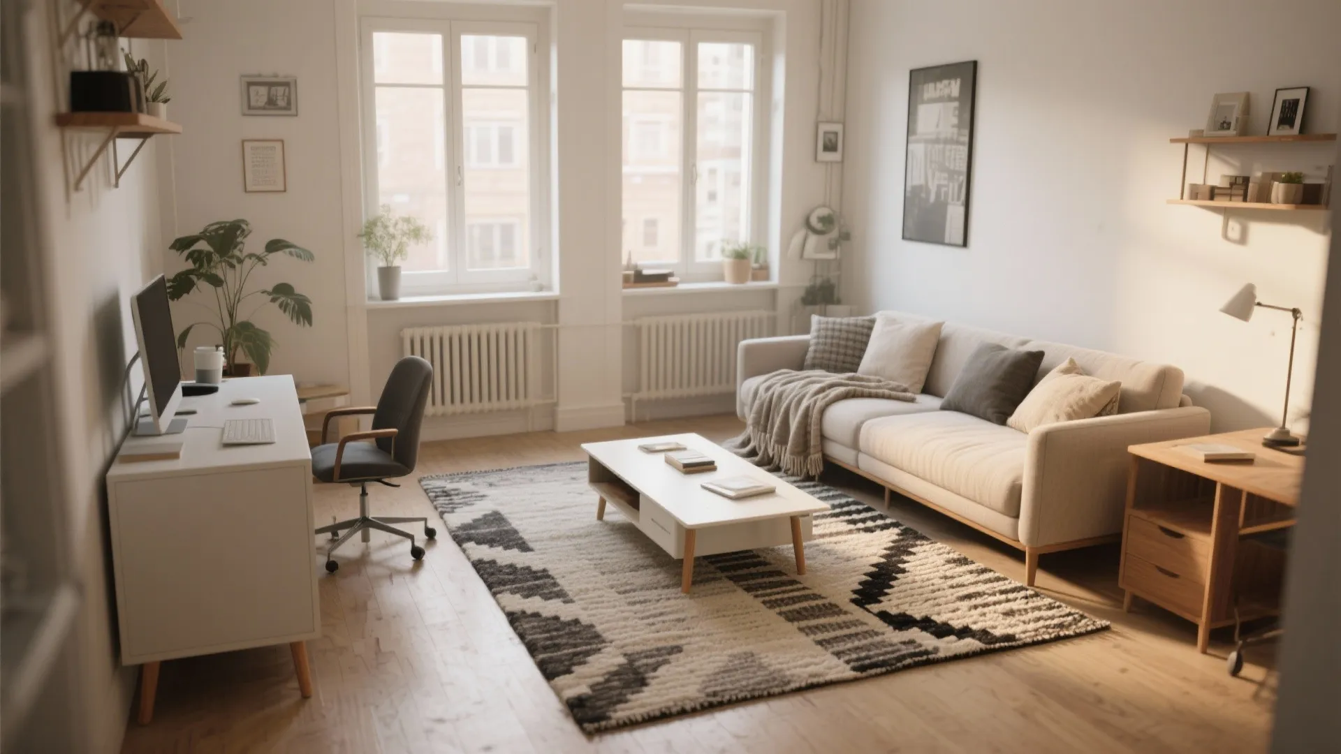 Small apartment scene showing rugs and low-profile furniture creating distinct lounge and work zones.