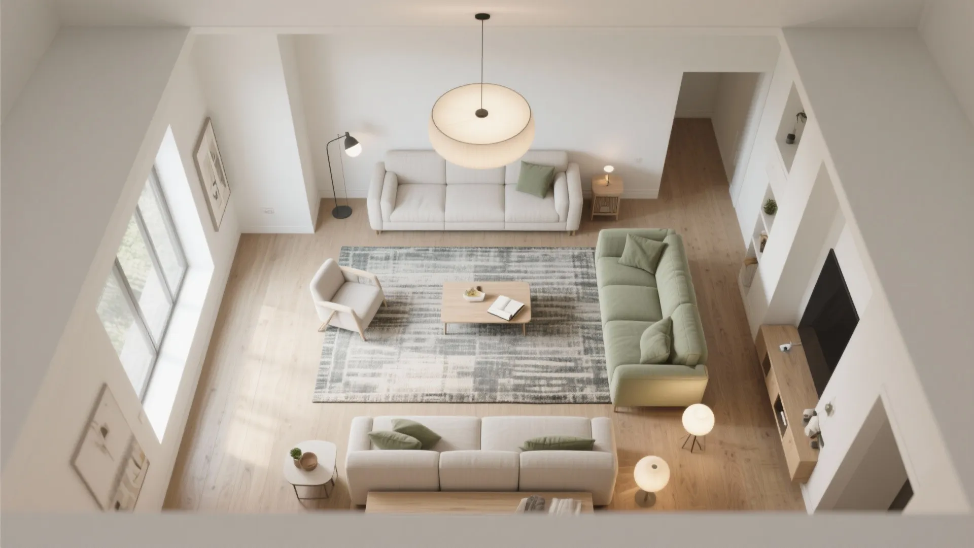 Top view living room with three sofas large ceiling light wooden coffee table and grey rug
