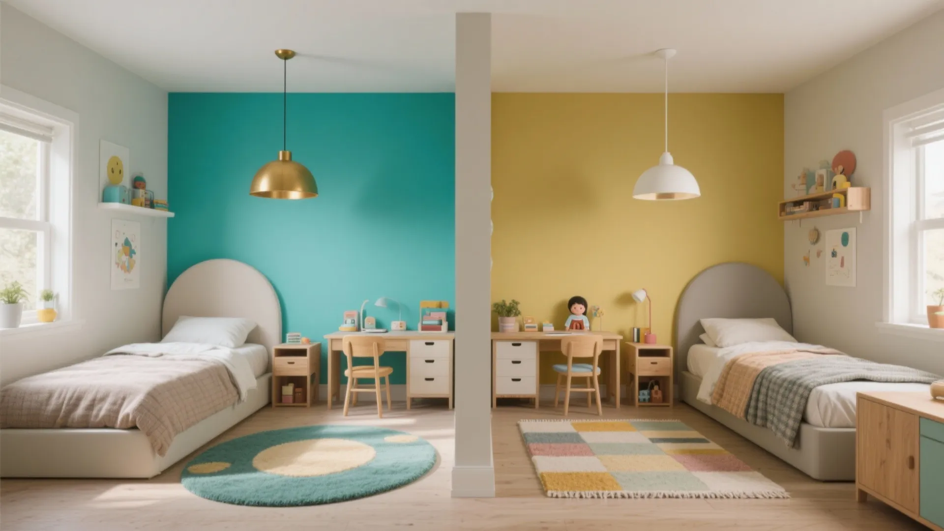 Two color-coordinated zones in a shared kids' room with layered rugs and pendant lights defining each corner.