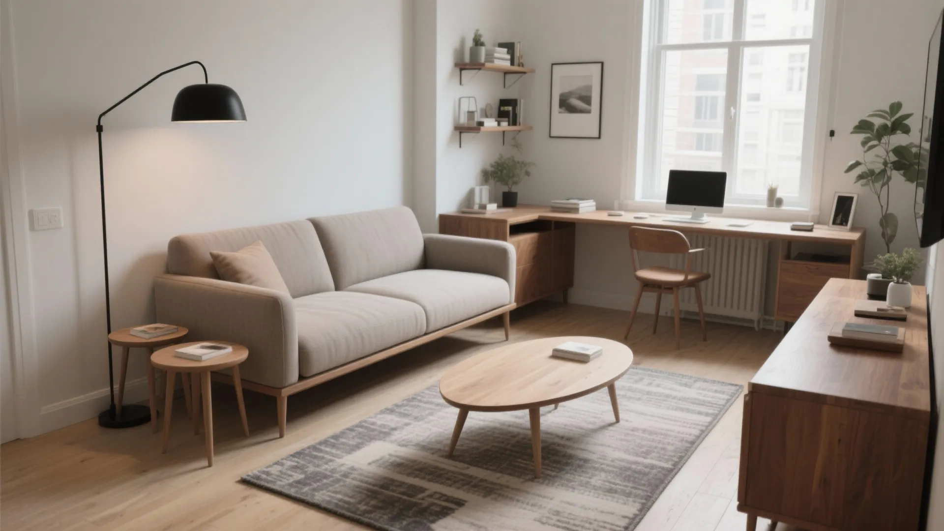 Modern living room with beige sofa wooden coffee table grey rug and home office desk
