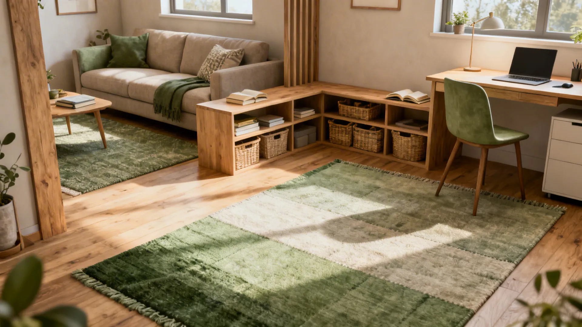 Small living room with rugs and a low shelf dividing seating, reading nook and workspace