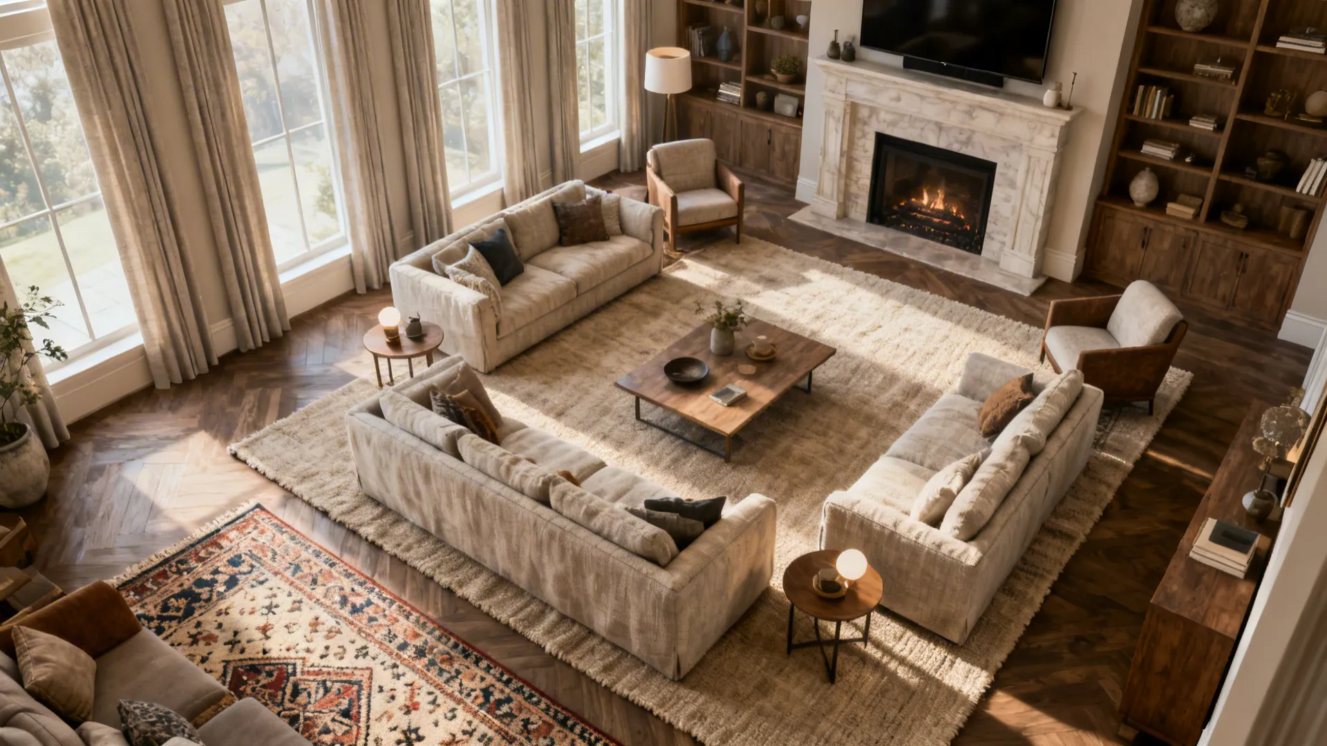 Large living room showing distinct zones with layered rugs and grouped furniture