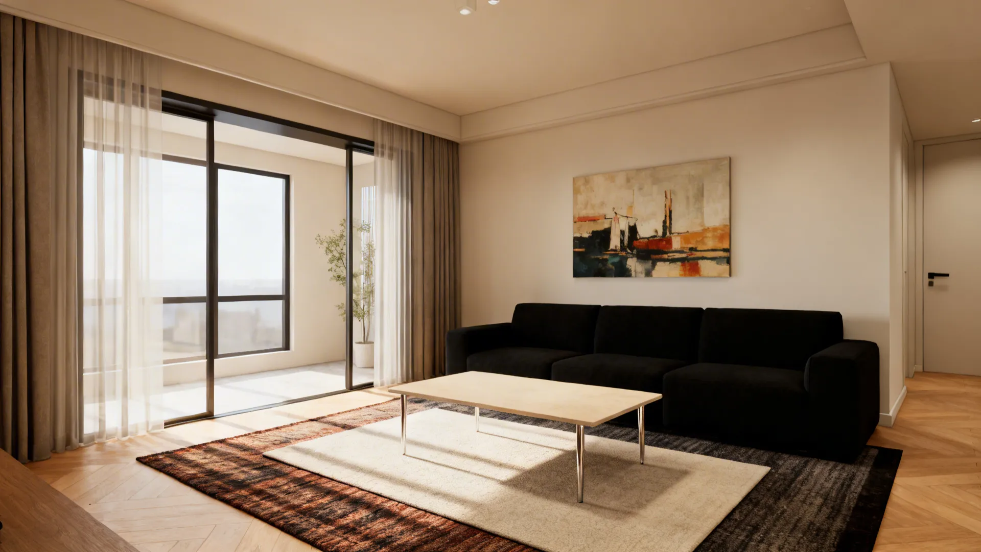 Small living room where layered rugs and furniture placement define the seating area around a black sofa