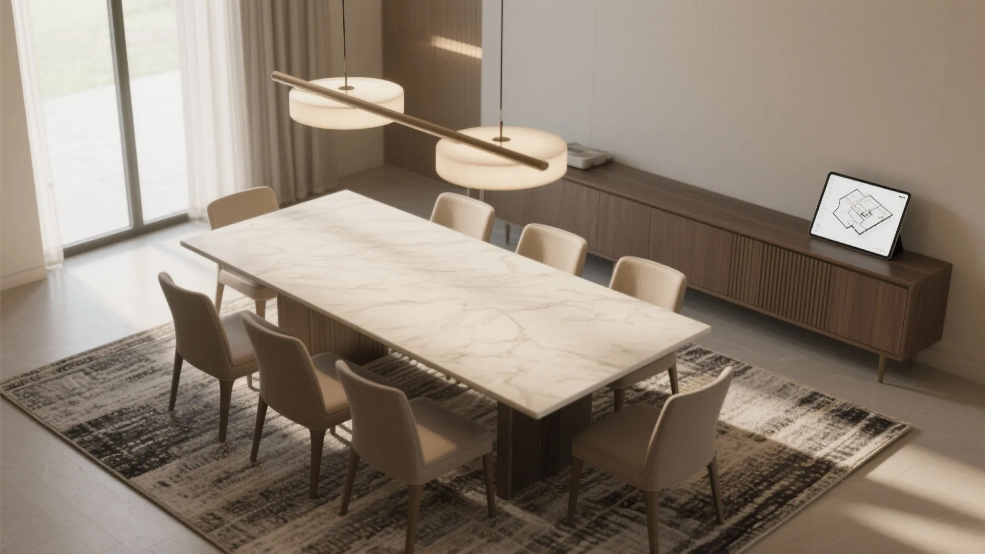 Modern dining room with marble table, beige chairs, patterned rug, wooden cabinet, and ceiling light