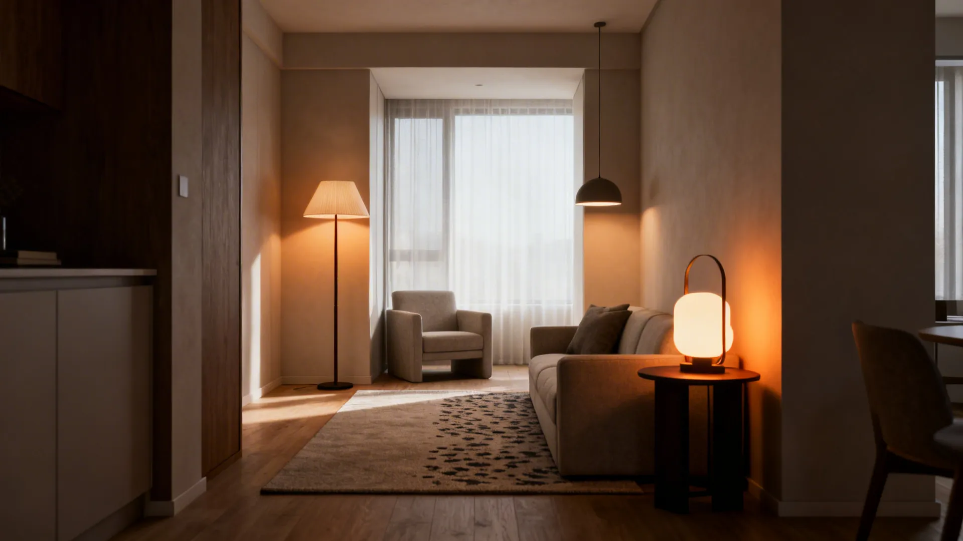Small living room zoned with a rug and layered lighting including a floor lamp and pendant light.