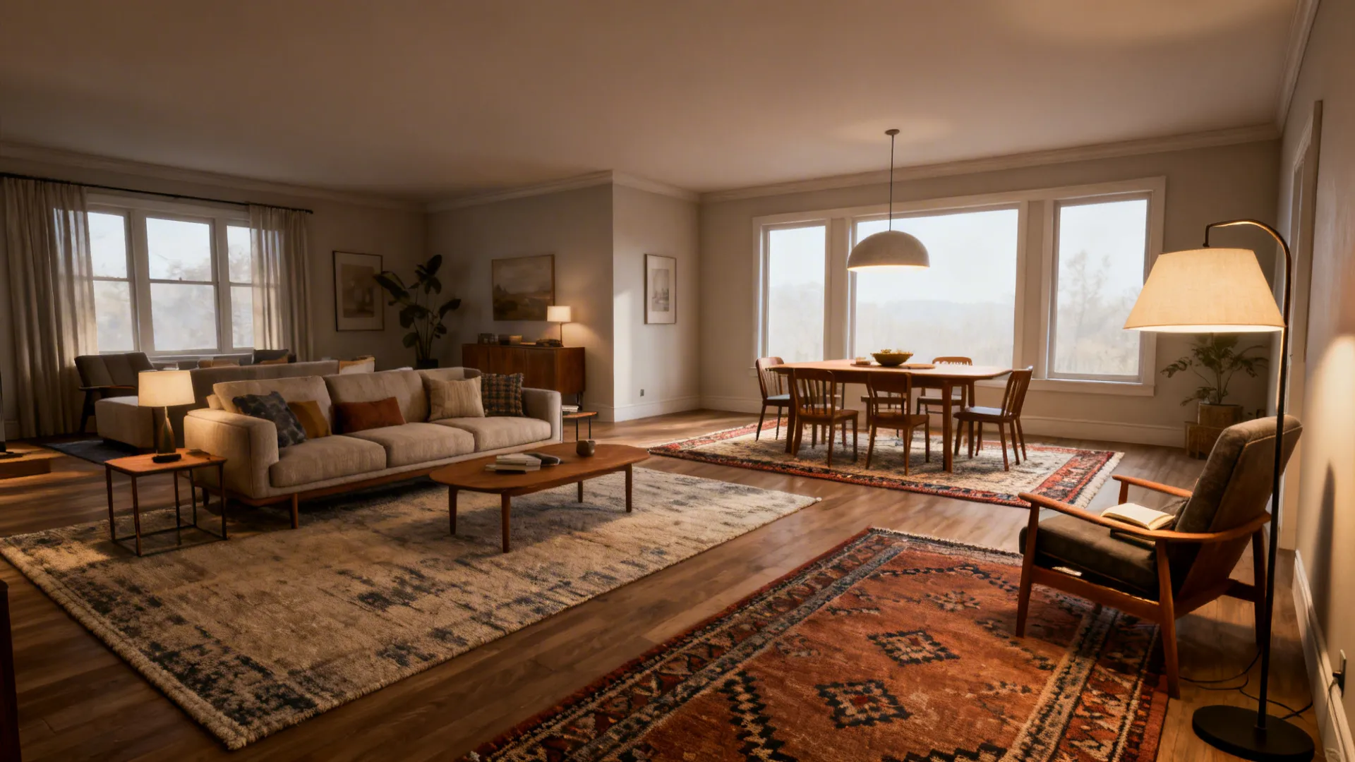 Living and dining zones defined by rugs and layered lighting in a modern great room.