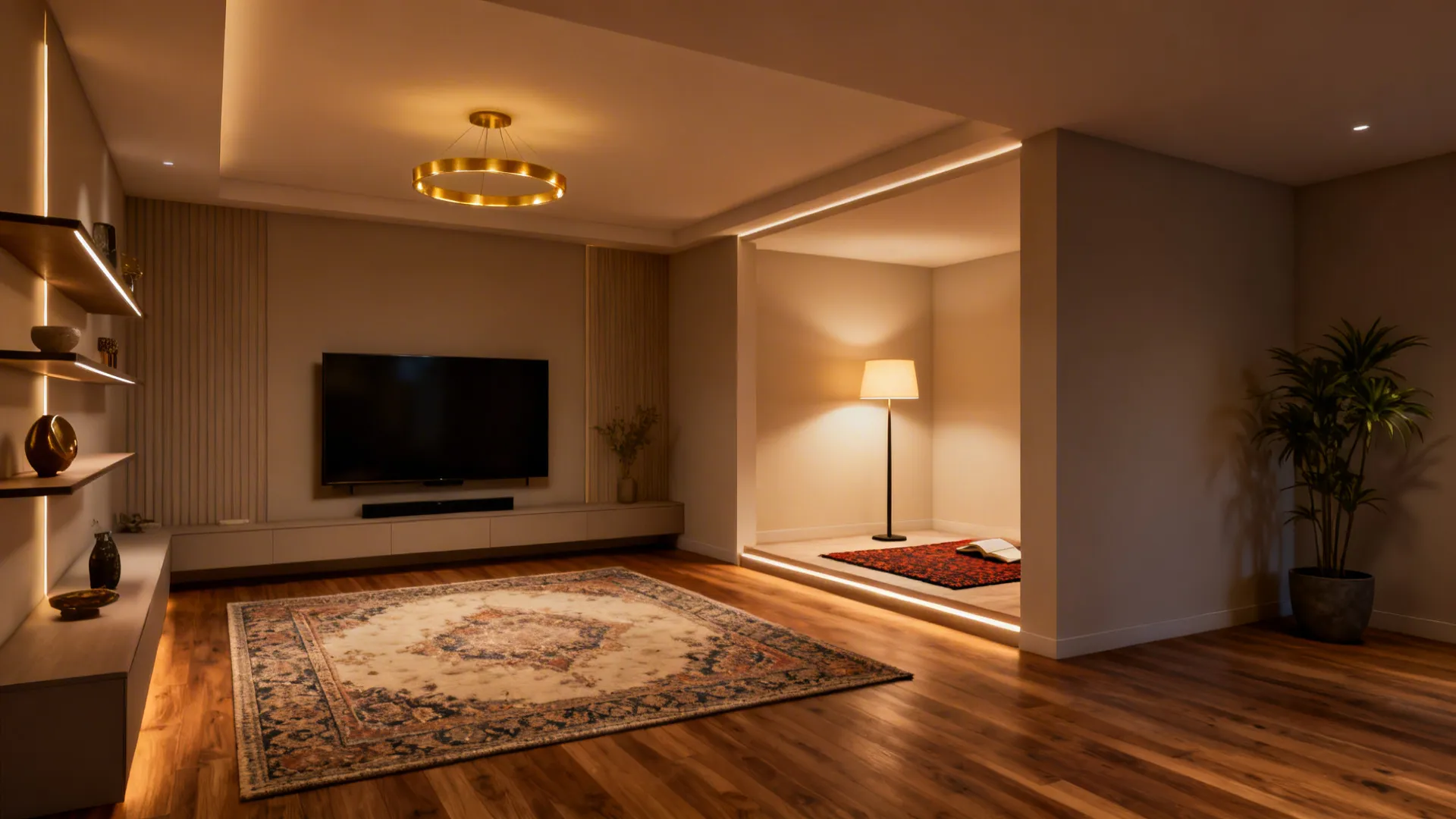 Small living room divided into zones using rugs and layered lighting for a TV lounge and reading nook.