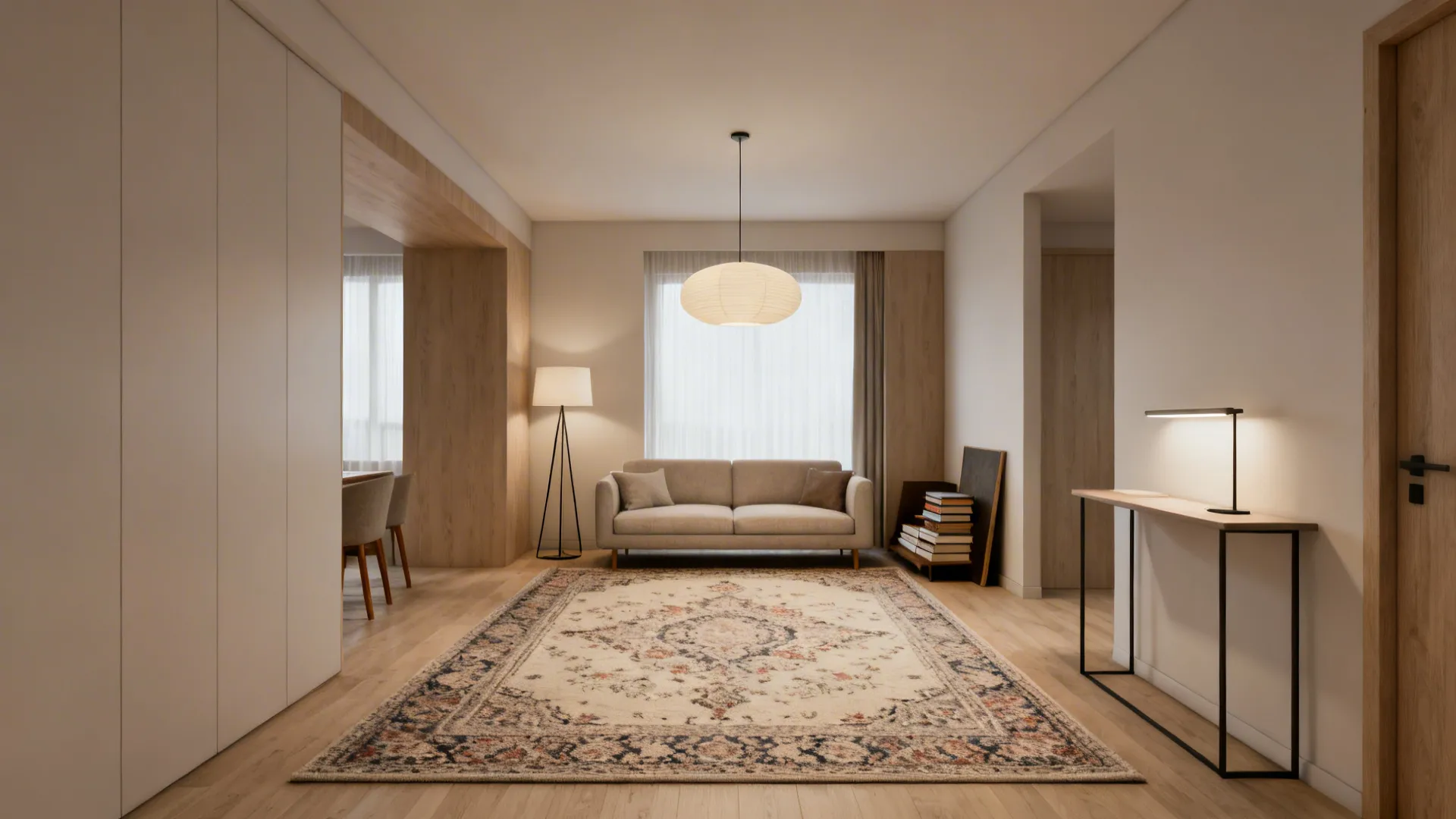 Open-plan small living room zoned by a large rug and layered lighting including pendant and floor lamp.