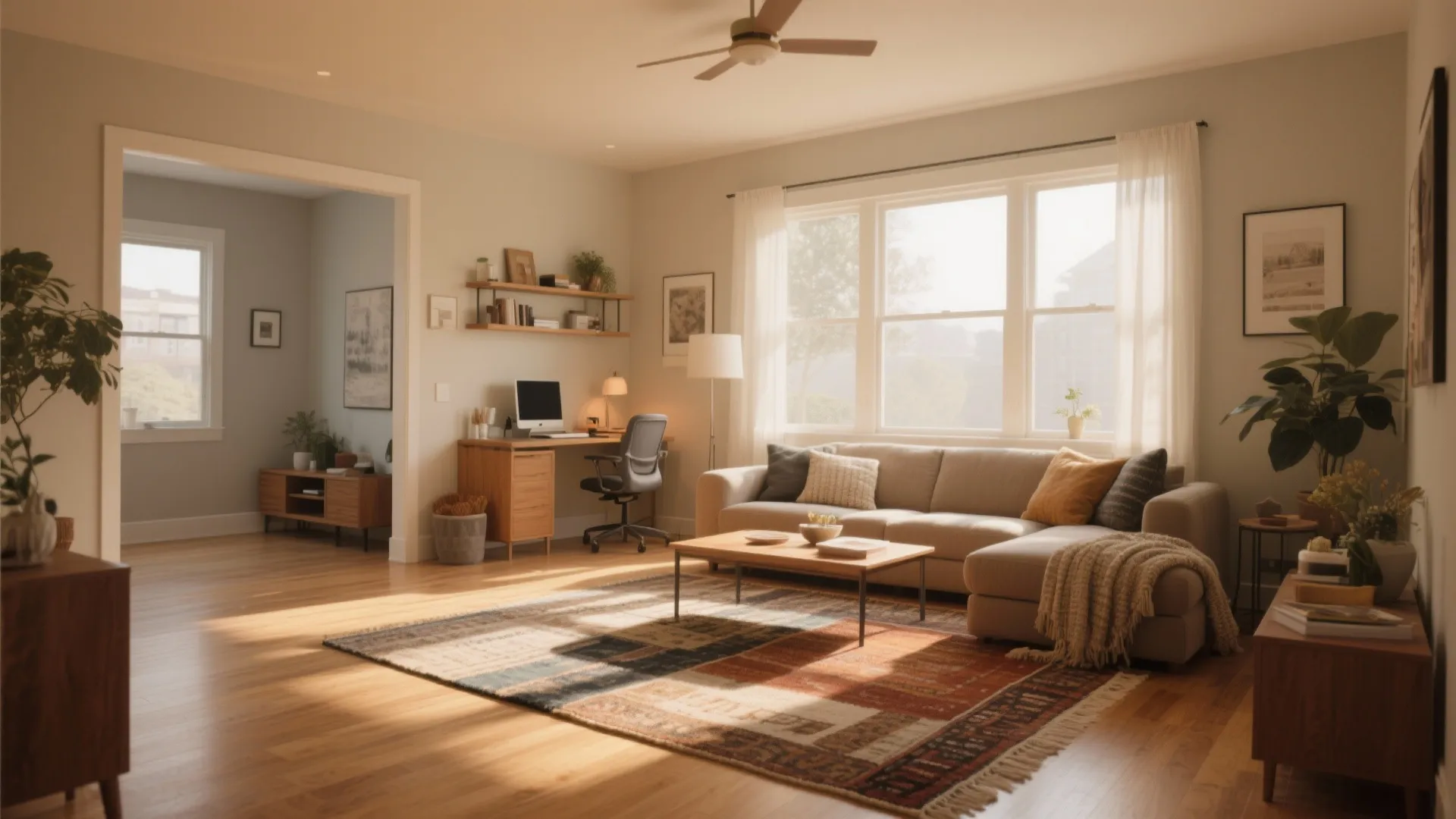 Bright living room with large area rug beige sofa wooden floor desk setup and natural sunlight