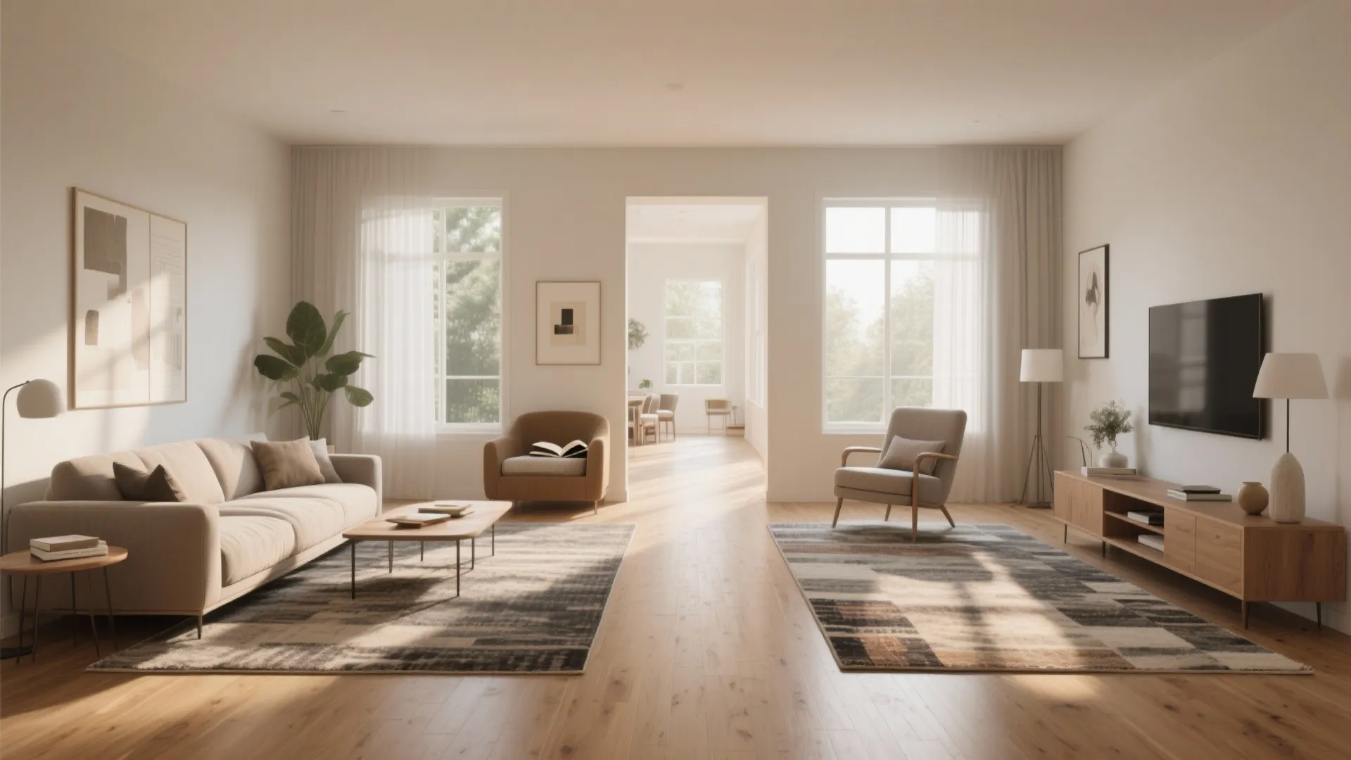 Spacious living room featuring two grey rugs sofa armchairs and a wooden cabinet with TV